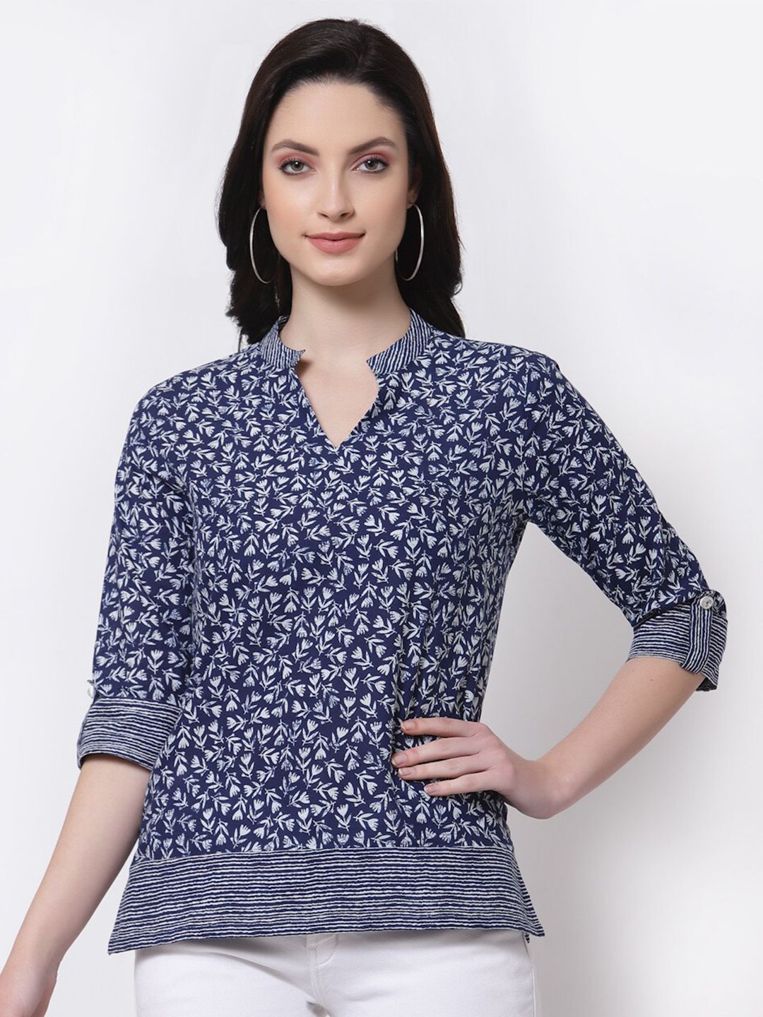 LARGISH Blue Floral Print Mandarin Collar Roll-Up Sleeves Cotton Shirt Style Top Price in India