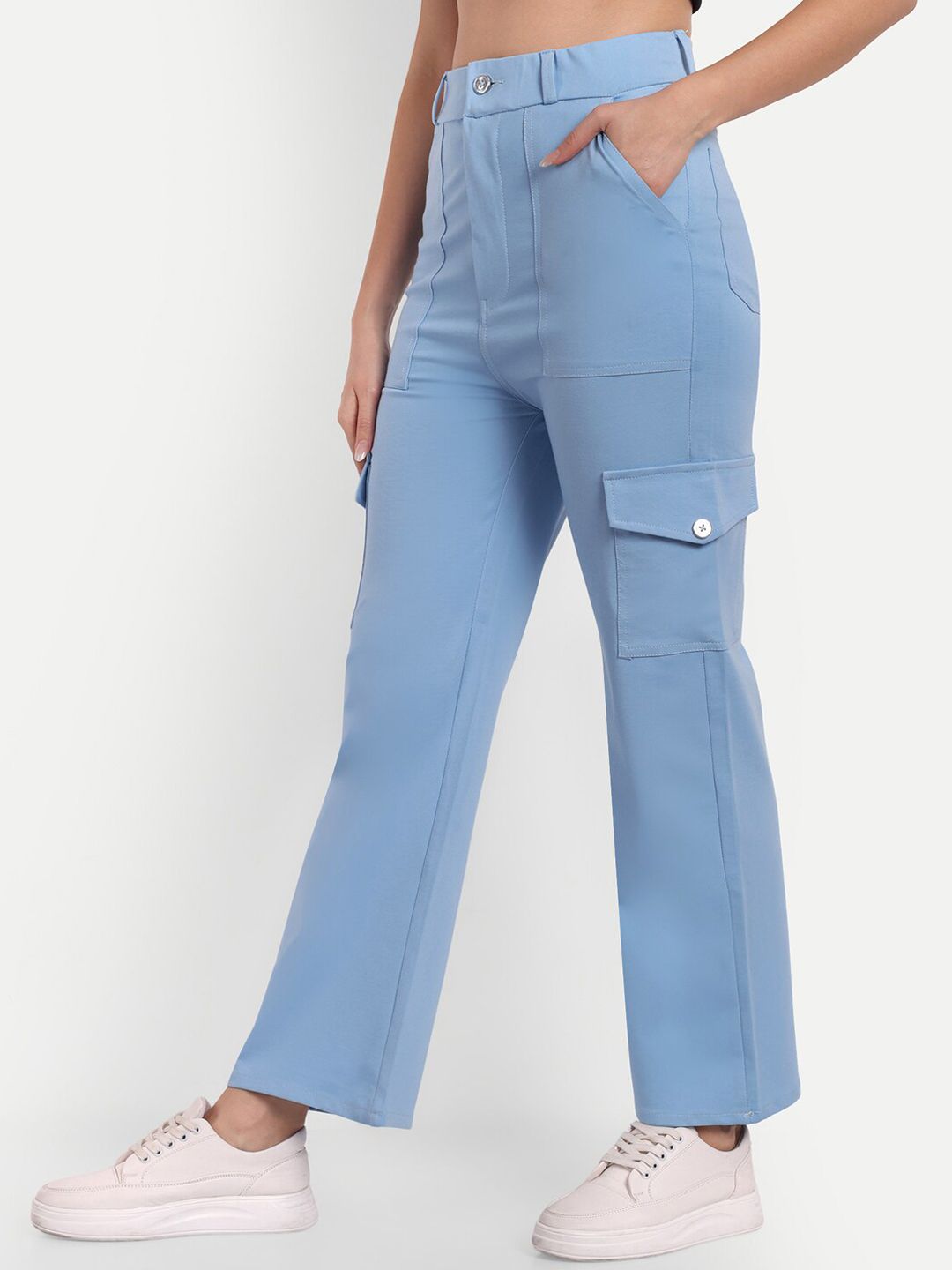 Next One Women Blue Smart Straight Fit High-Rise Easy Wash Cargos Trousers Price in India