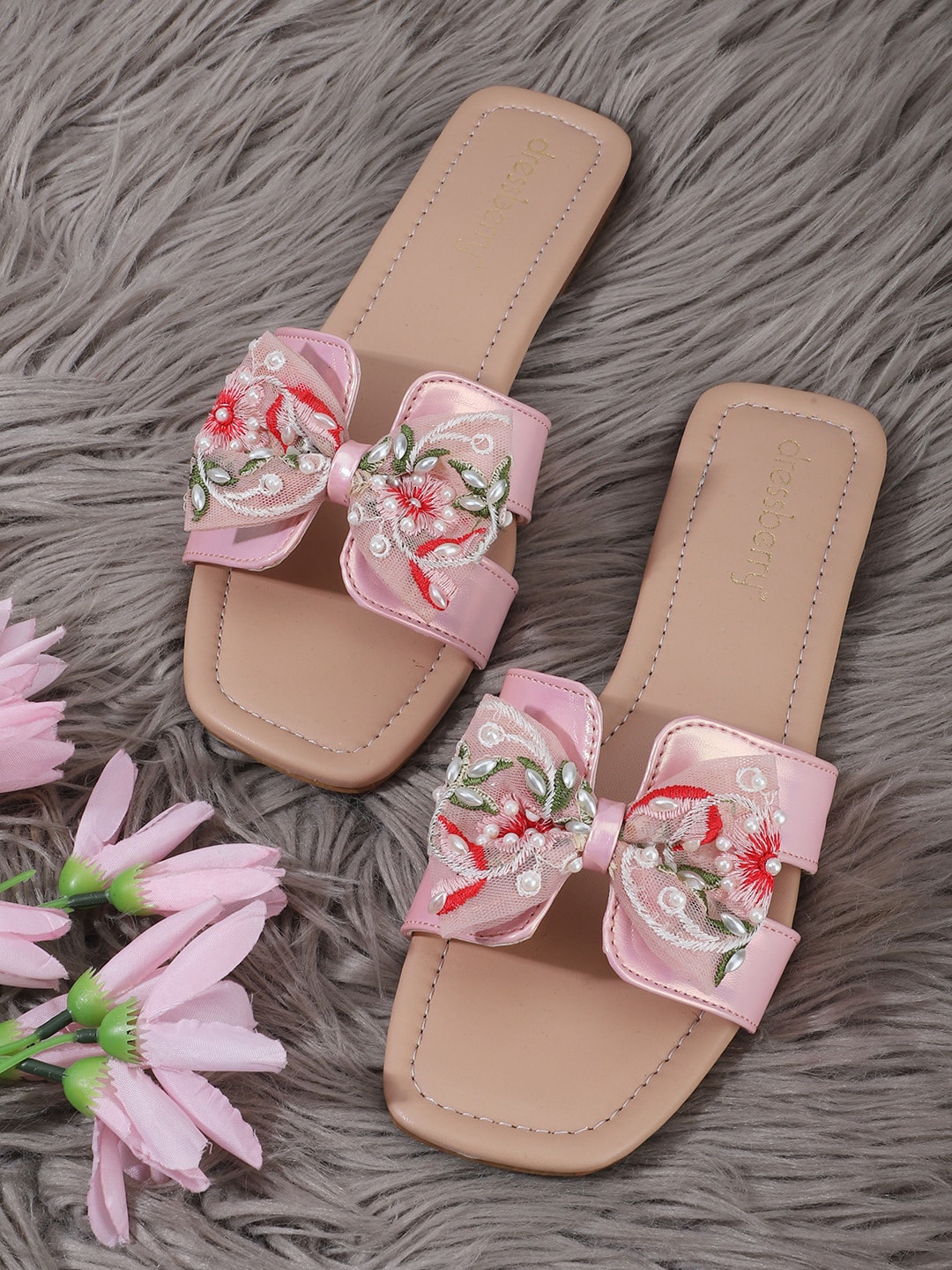 DressBerry Pink Embellished Open Toe Flats with Bows Price in India