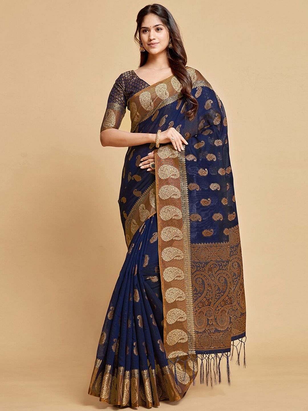 Satrani Navy Blue & Brown Woven Design Zari Saree Price in India