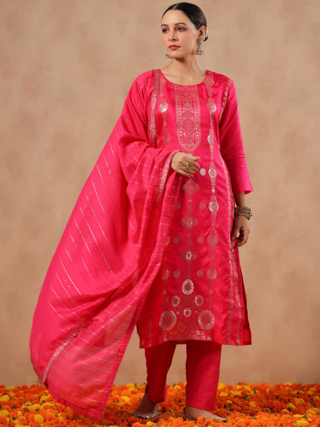 Ishin Women Fuchsia Ethnic Motifs Regular Kurta with Trousers & With Dupatta