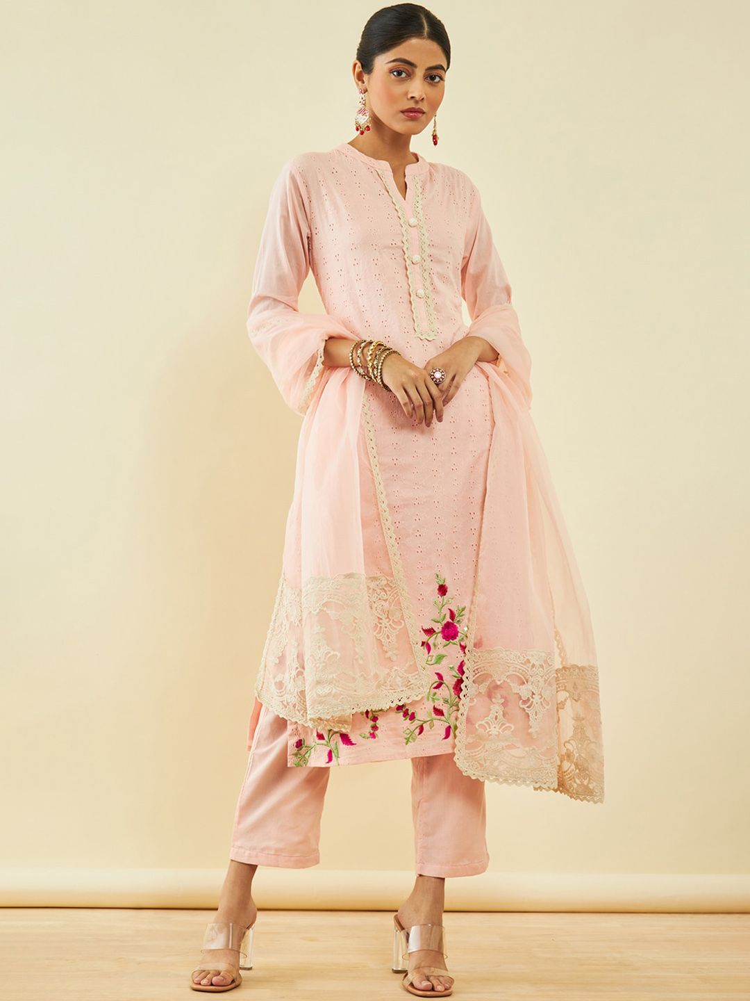 Soch Women Peach-Coloured Ethnic Motifs Embroidered Regular Thread Work Pure Cotton Kurta with Trousers & Price in India