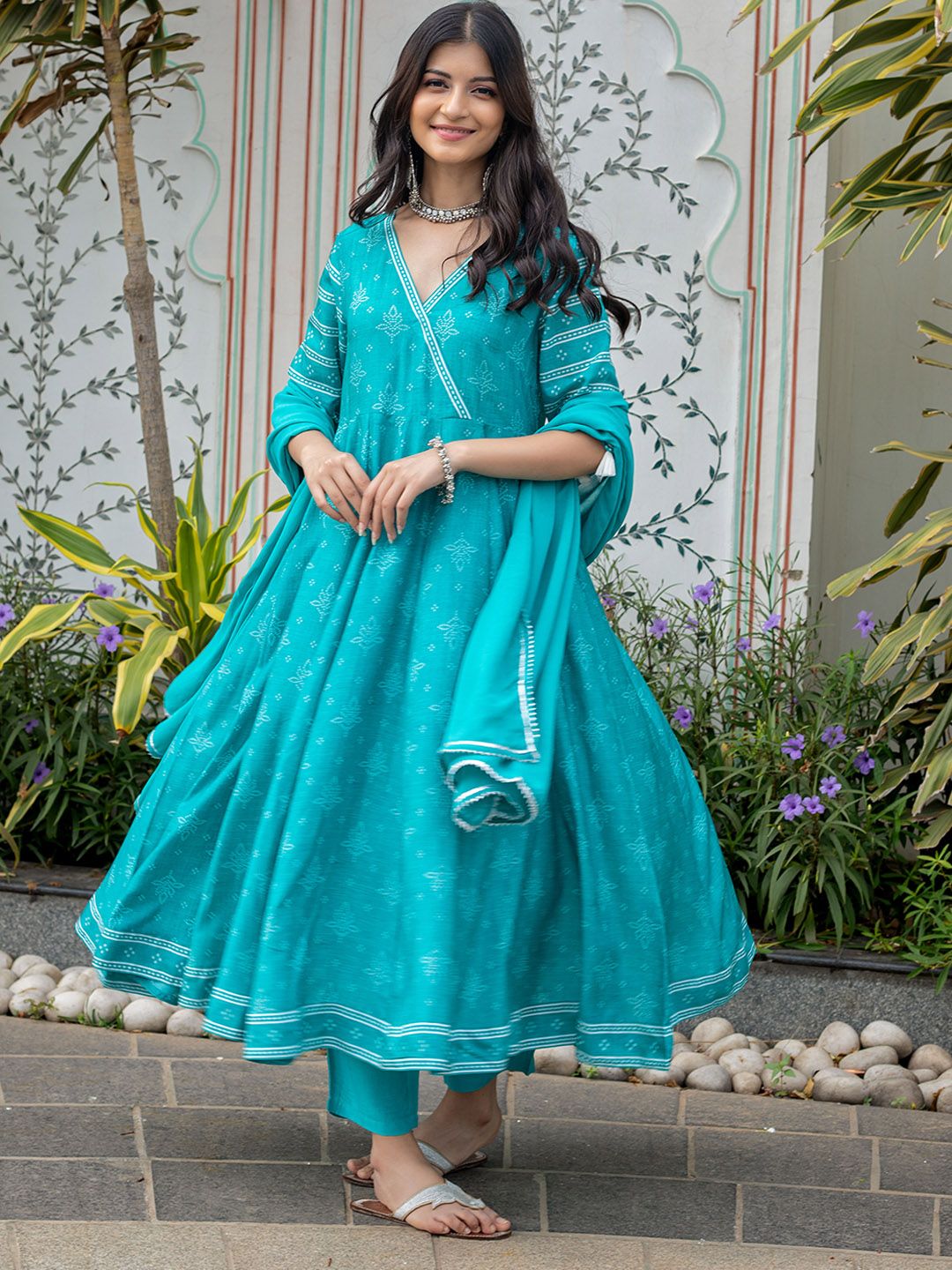 KASYA Women Teal Ethnic Motifs Angrakha Kurta with Trousers & With Dupatta