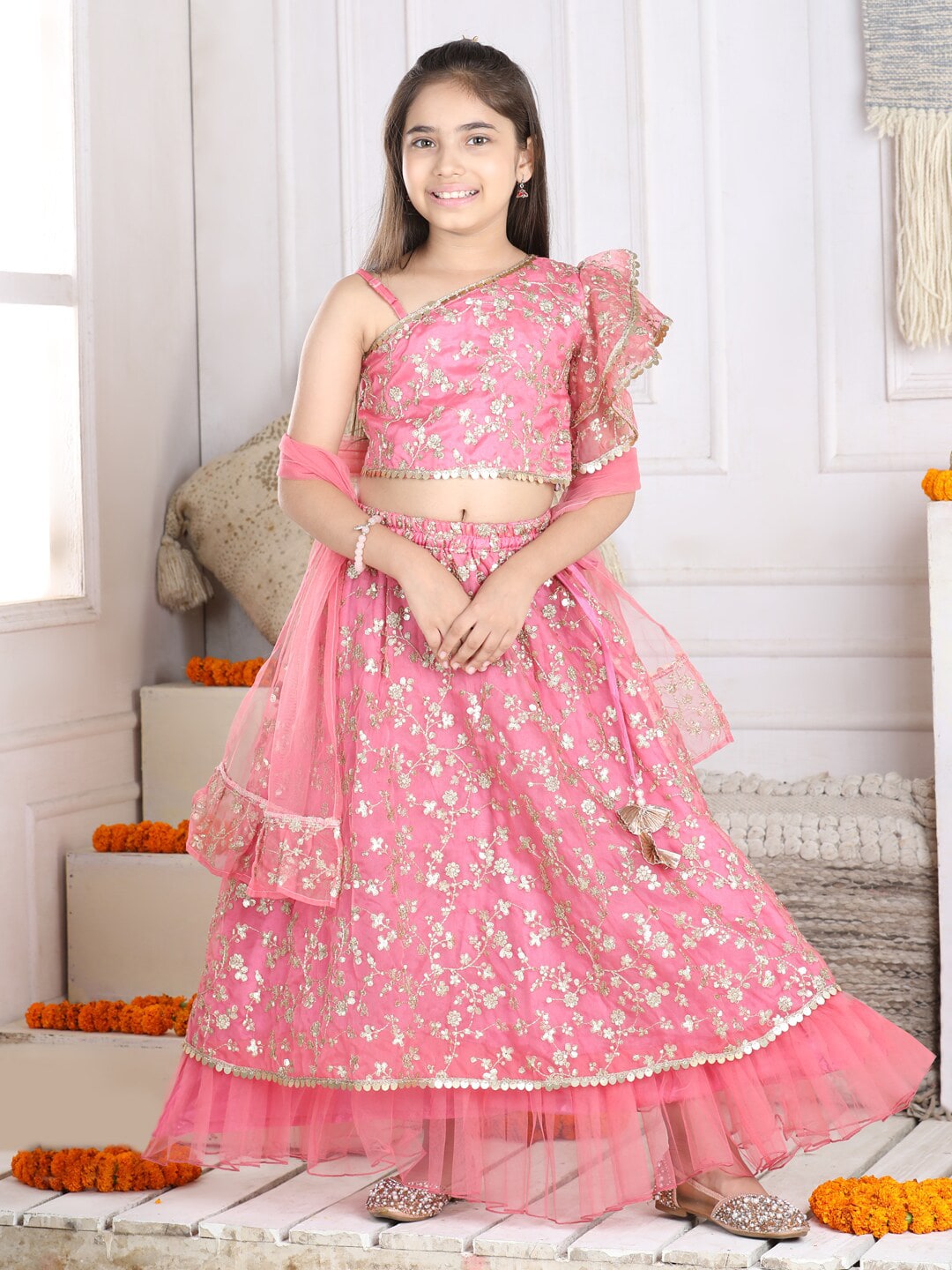 Cutiekins Girls Floral Embroidered Sequinned Ready to Wear Lehenga & Blouse With Dupatta Price in India