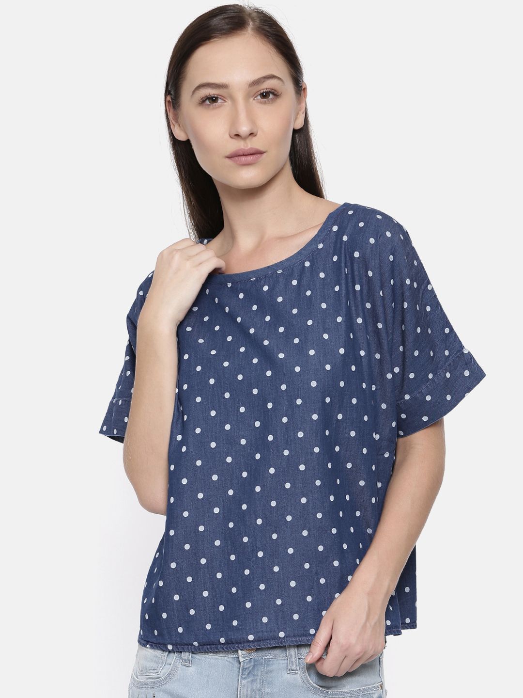 Park Avenue Women Blue Printed Pure Cotton Top Price in India