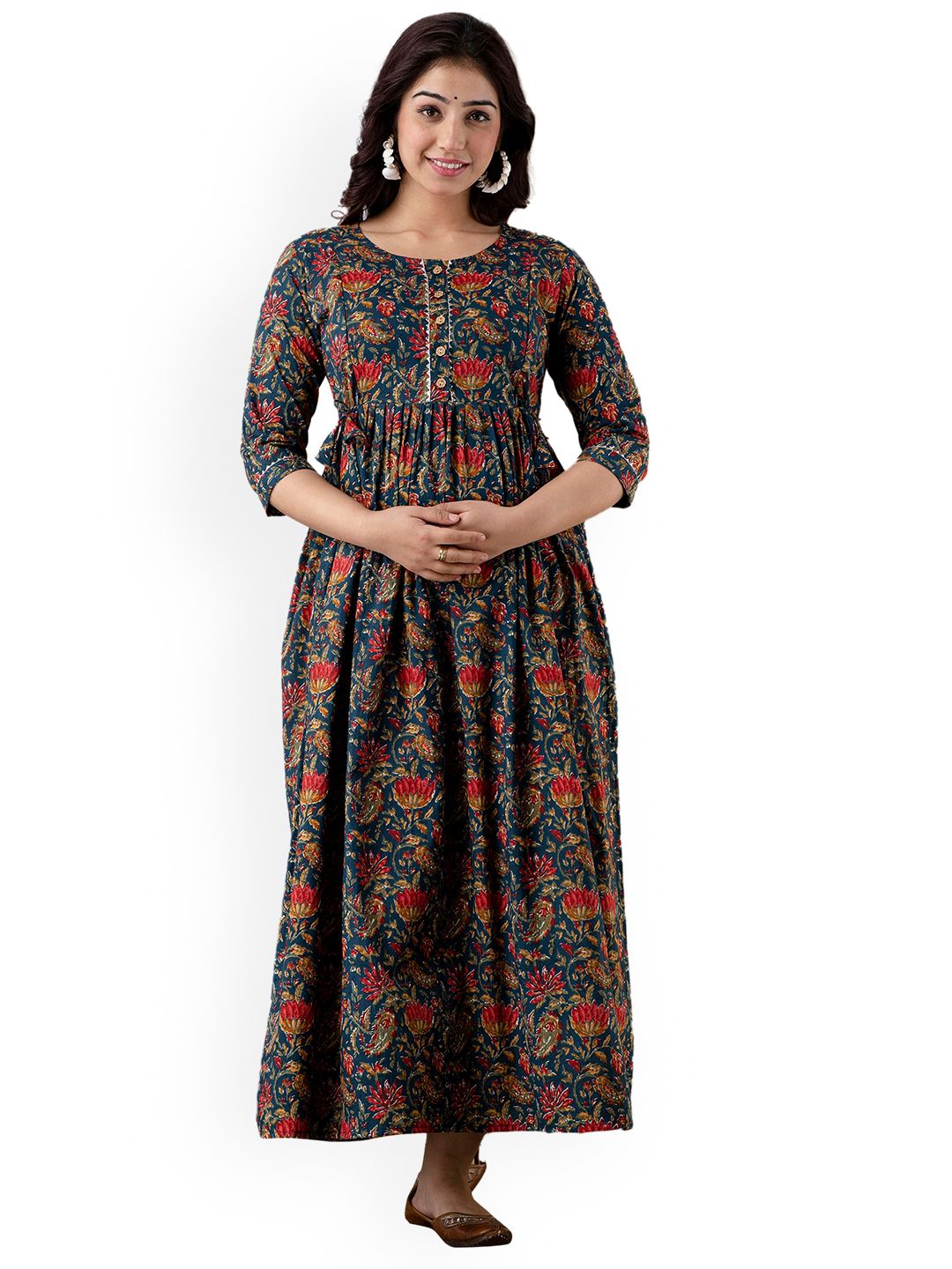 NITVAN Women Blue Floral Printed Flared Sleeves Block Print Maternity Anarkali Kurta Price in India