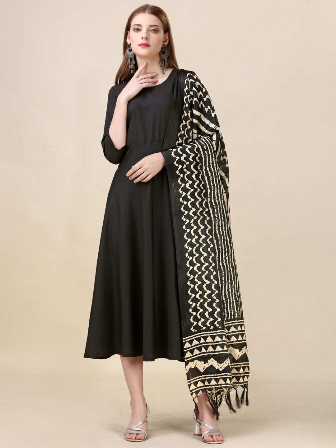 FABDYOR Round Neck Cotton Fit & Flare Midi Dress with Dupatta Price in India