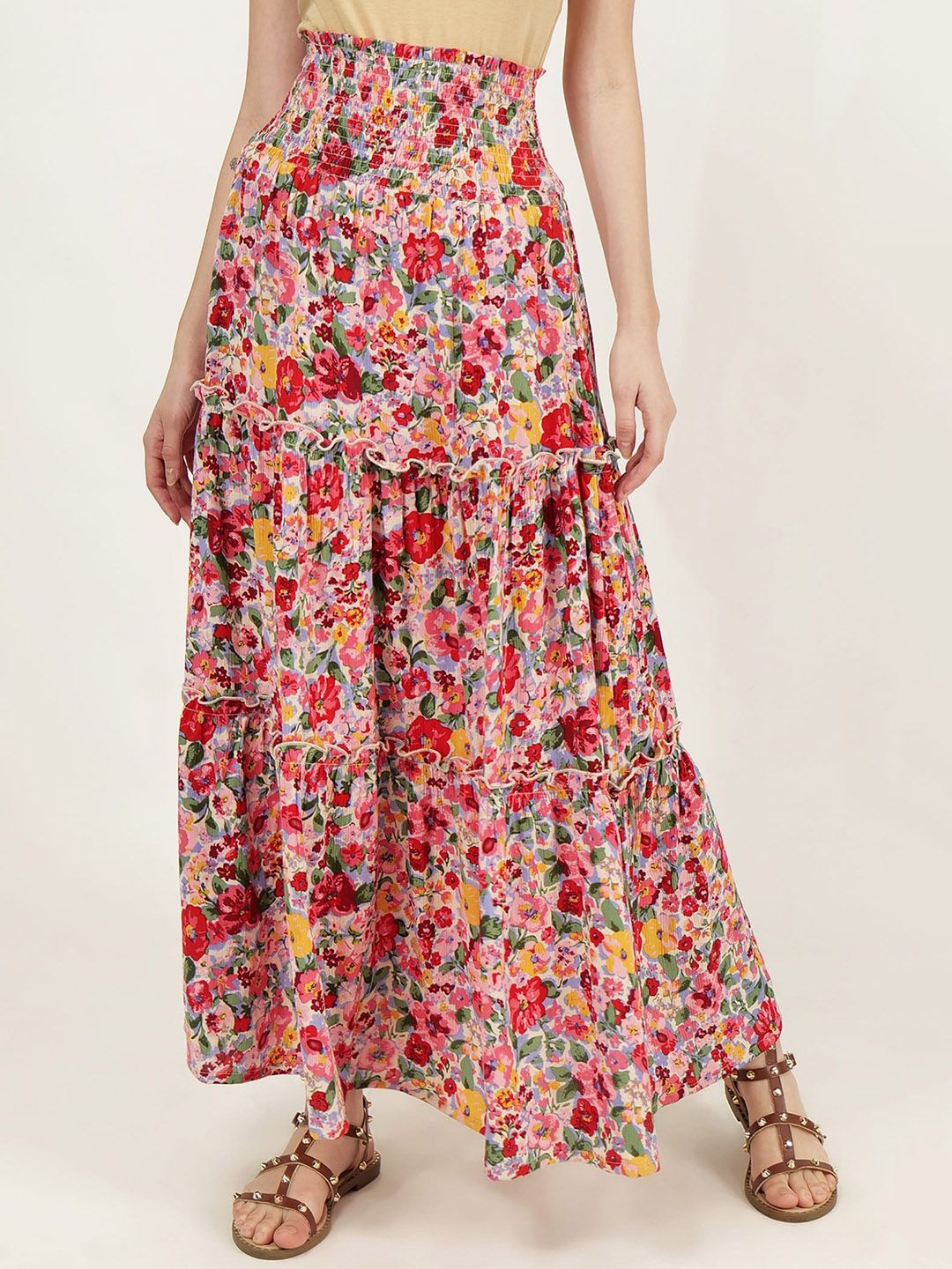 DRIRO Floral Printed Flounce-Hem Tiered Skirt Price in India
