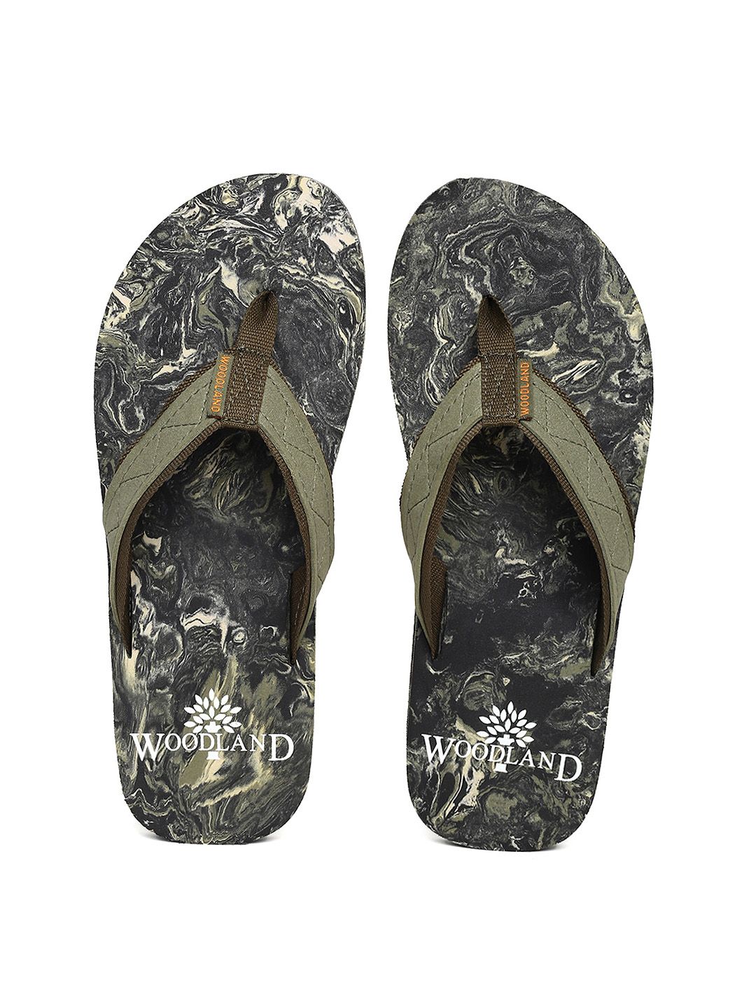 Woodland Men Olive Green & Grey Printed Thong Flip-Flops