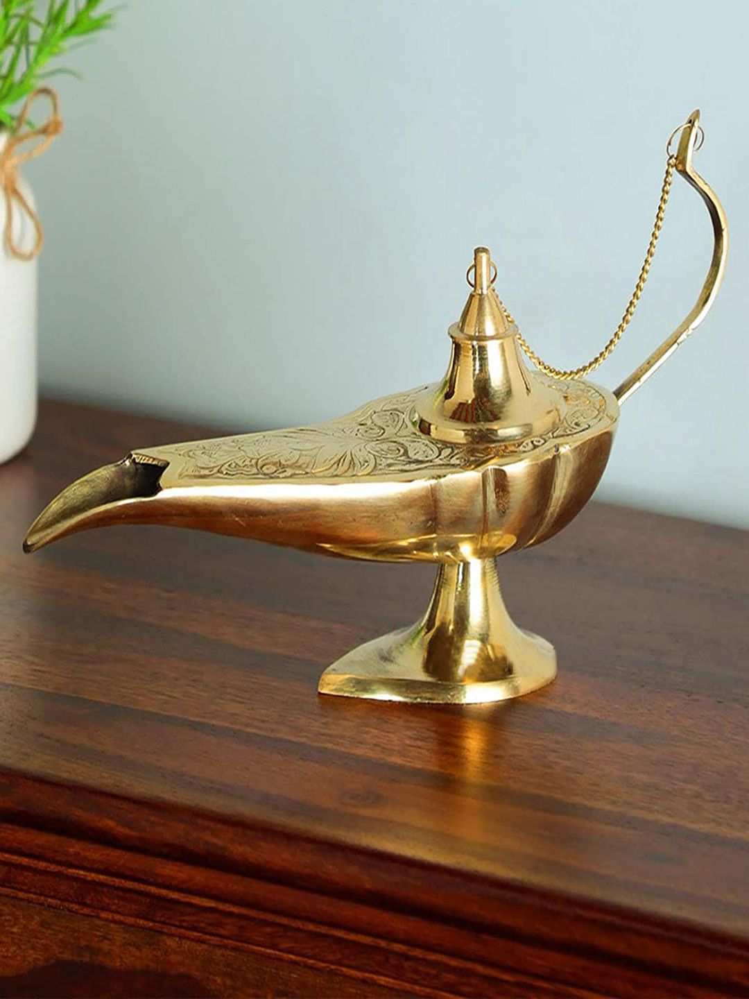 Ascension Aladdin Chirag Lamp Gold Brass Metallic Prayer Room Medium Showpiece - 1.5 Inches