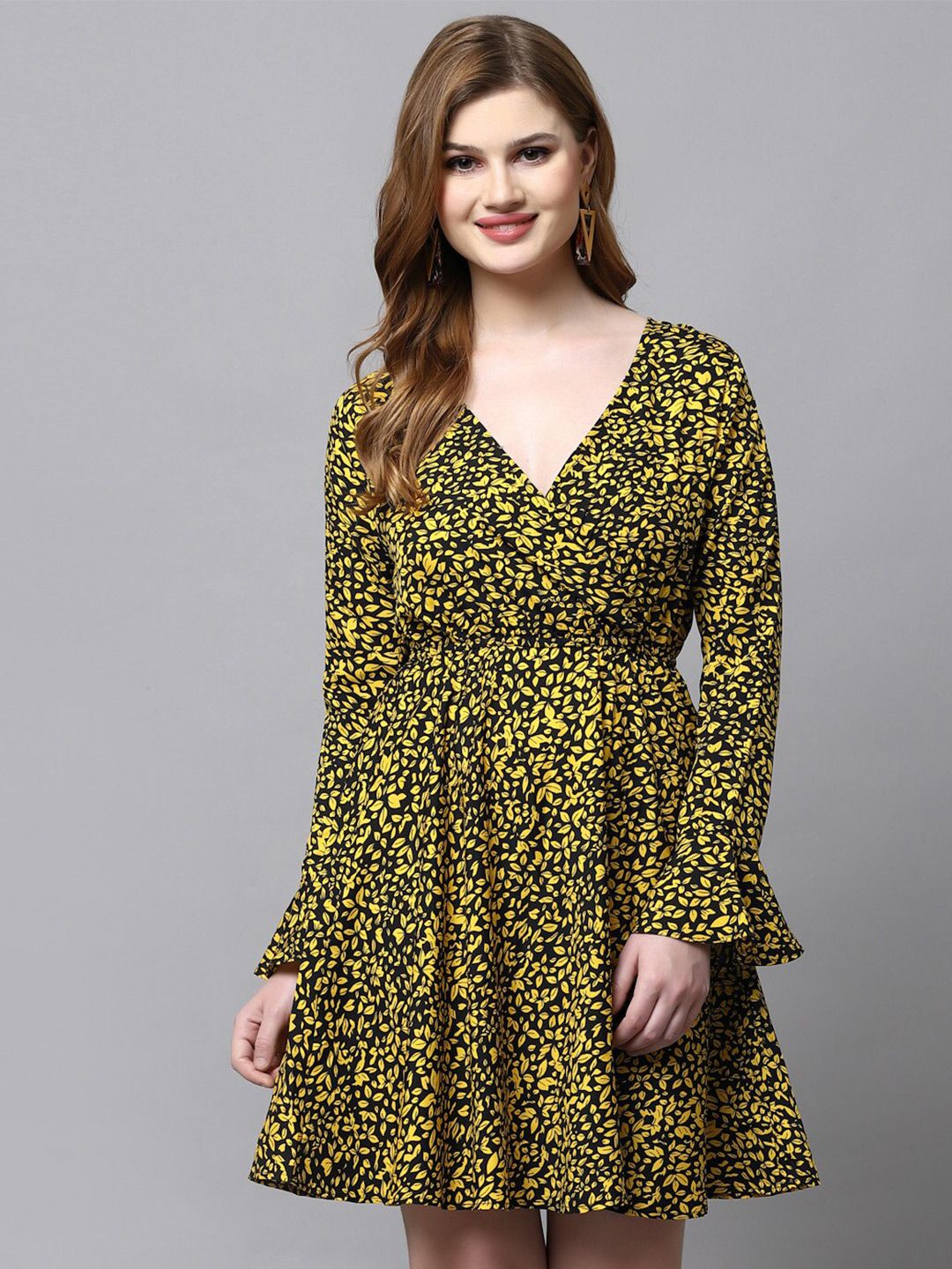 aayu Yellow Animal Print Bell Sleeve Crepe Fit & Flare Dress