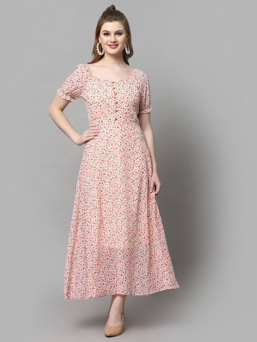 aayu Peach-Coloured Floral Print Puff Sleeve Georgette Maxi Dress