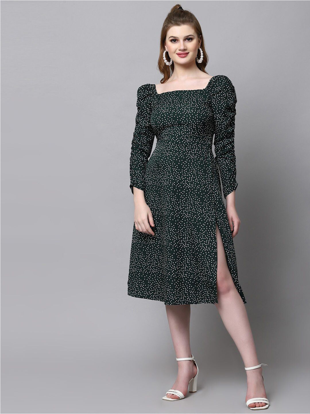 aayu Polka Dot Printed Square Neck Puff Sleeves Smocked Detailed A-Line Midi Dress Price in India