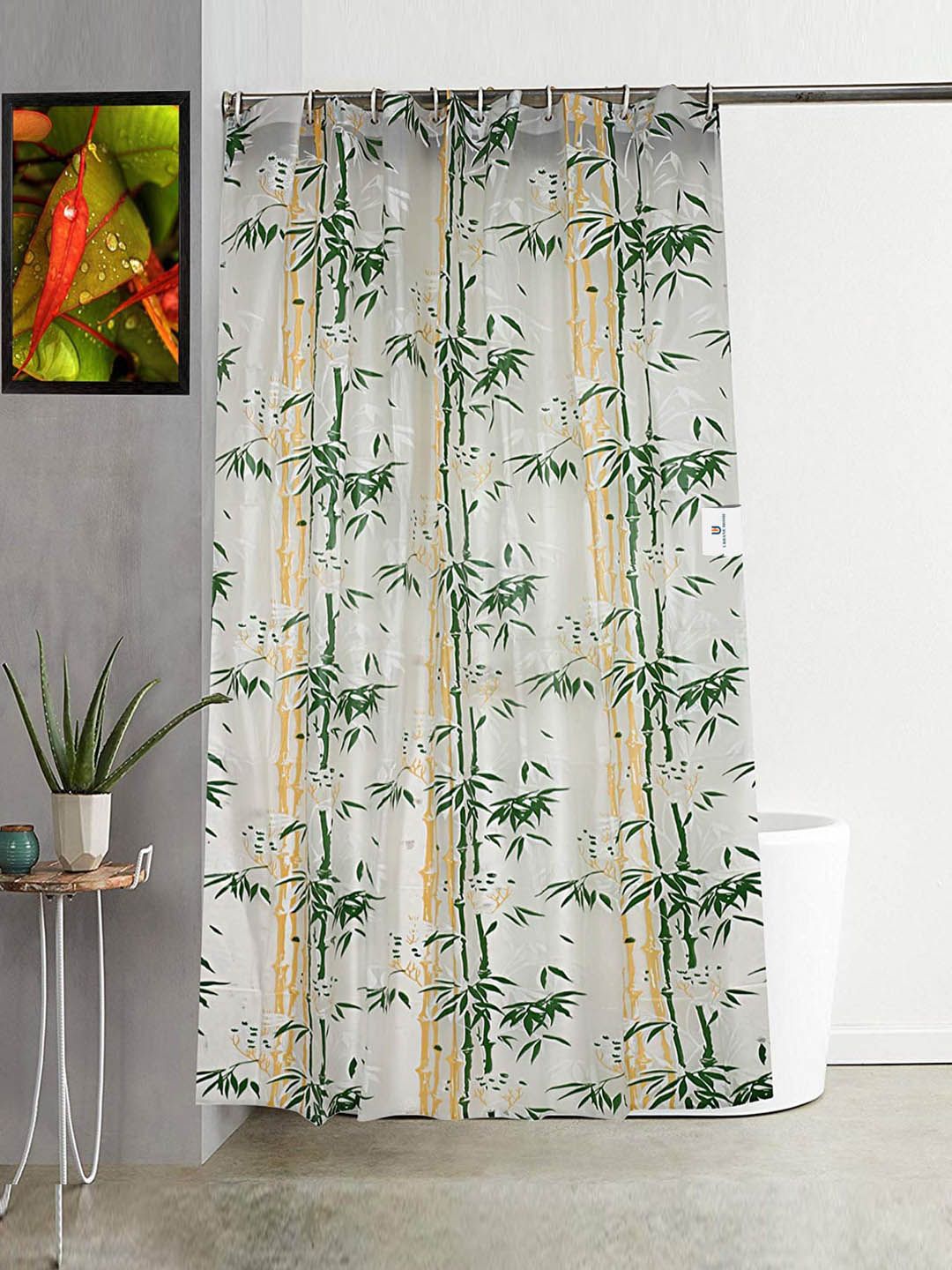 Kuber Industries White & Green 2 Pieces Printed Shower Curtain