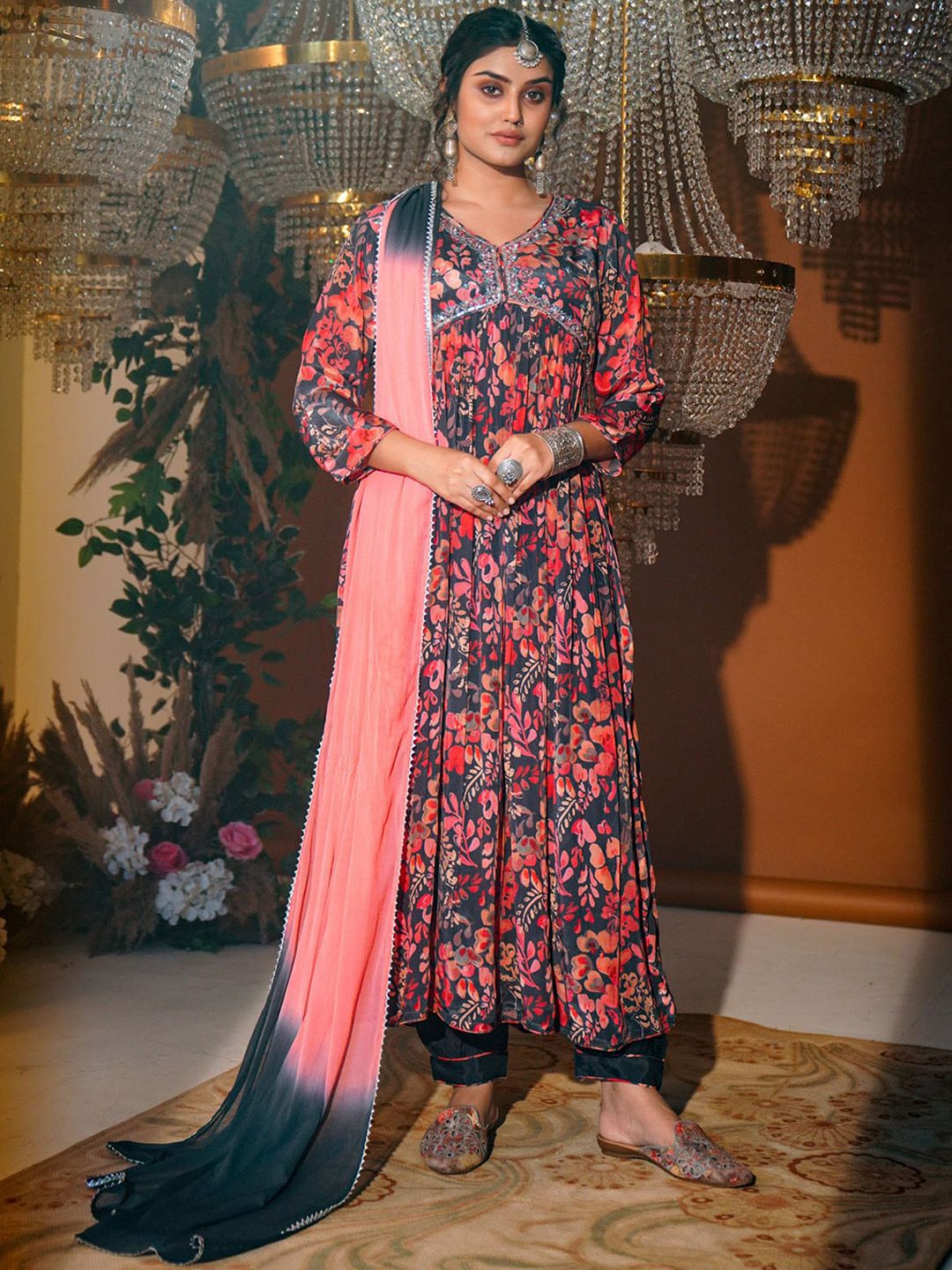 FASHION DWAR Floral Printed V-Neck Sequinned Empire Kurta With Trousers & Dupatta Price in India