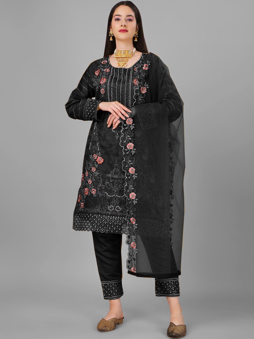 Angroop Women Black Floral Embroidered Regular Thread Work Kurta with Trousers & With Dupatta Price in India