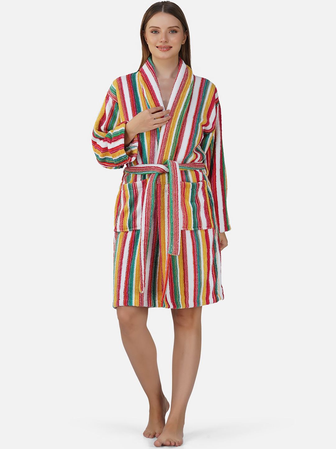 RANGOLI Pinstriped Pure Cotton Bath Robe