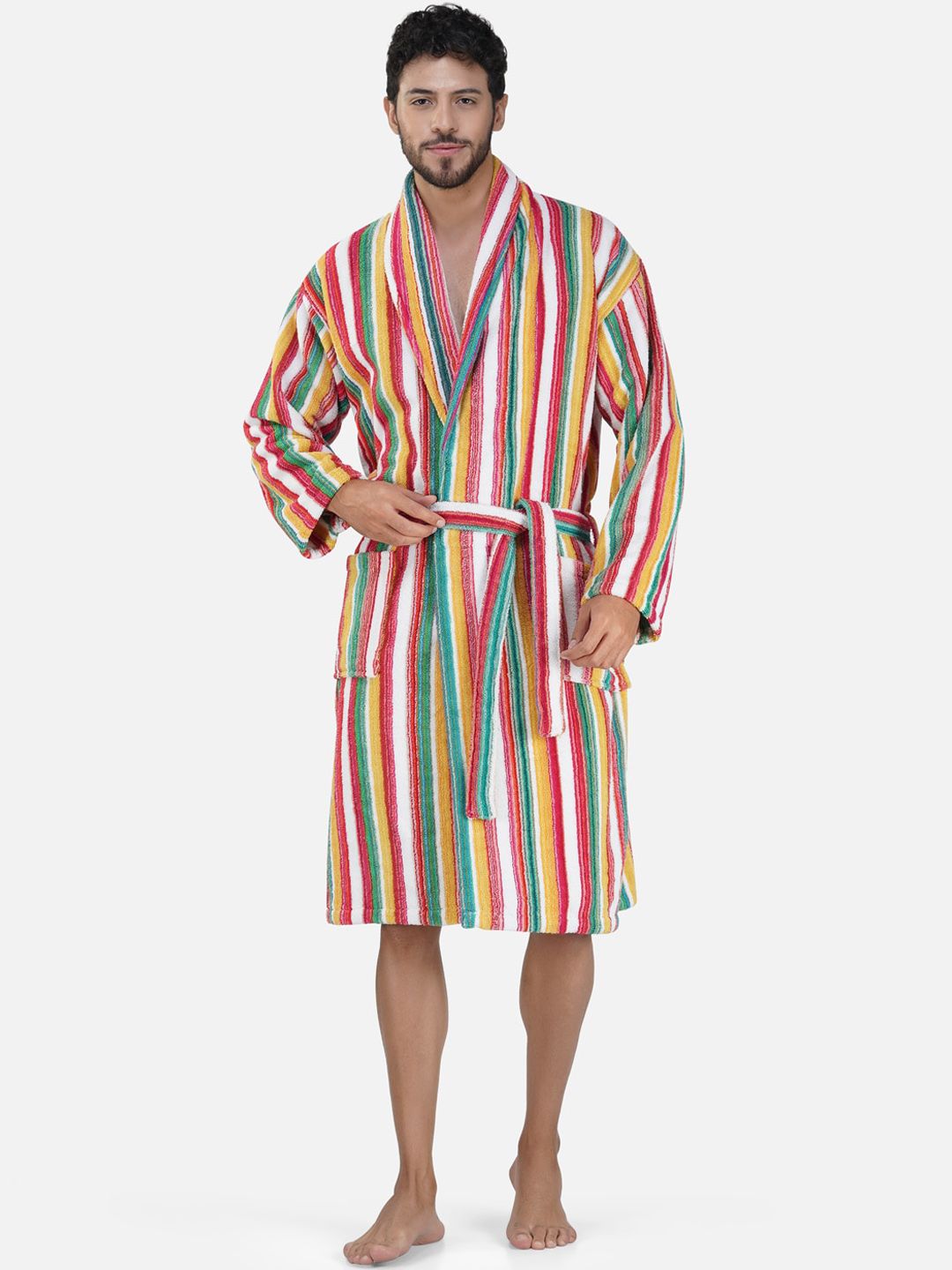 RANGOLI Men Pinstriped Cotton Bath Robe