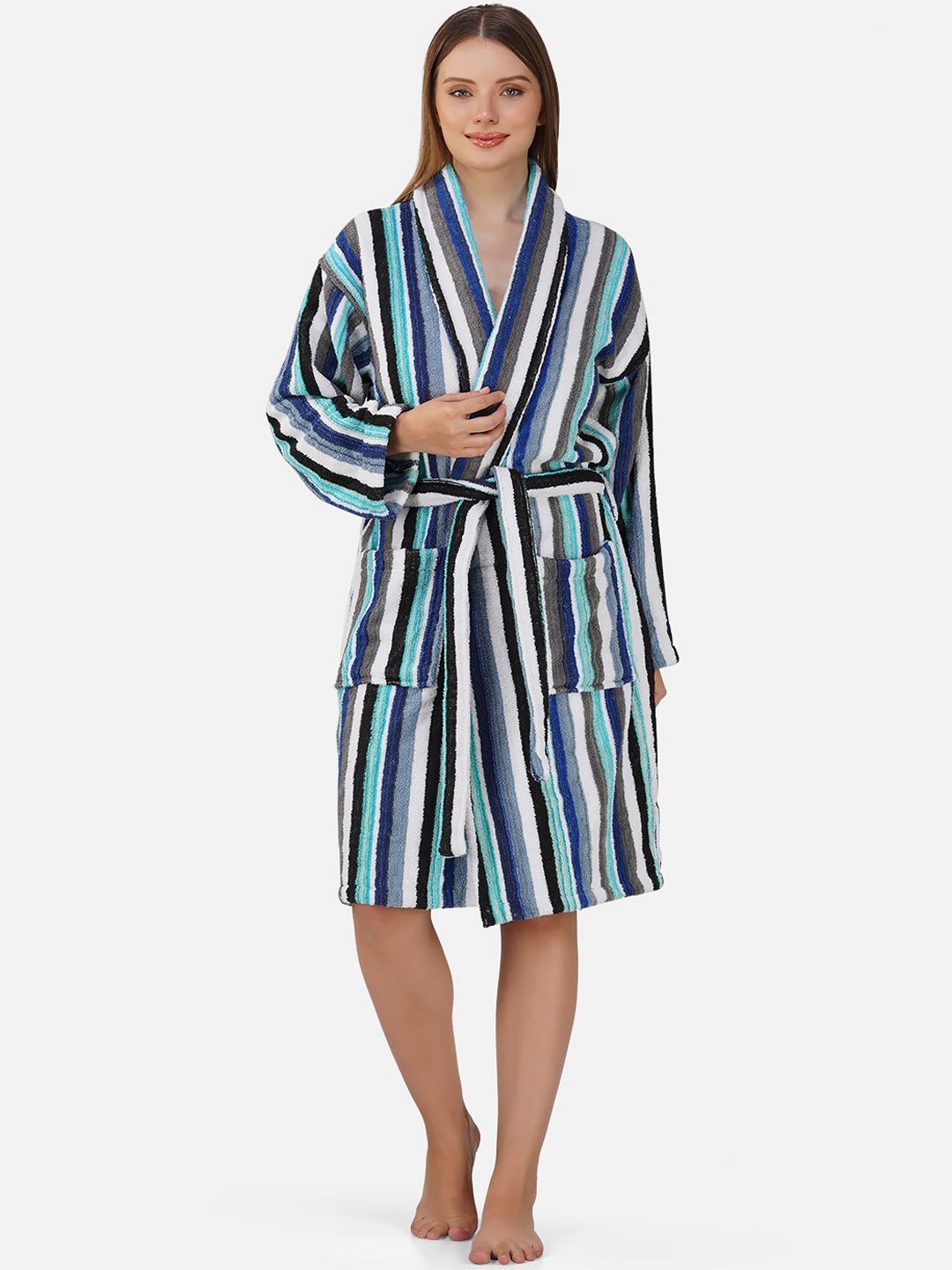 RANGOLI Women Striped Pure Cotton Bath Robe