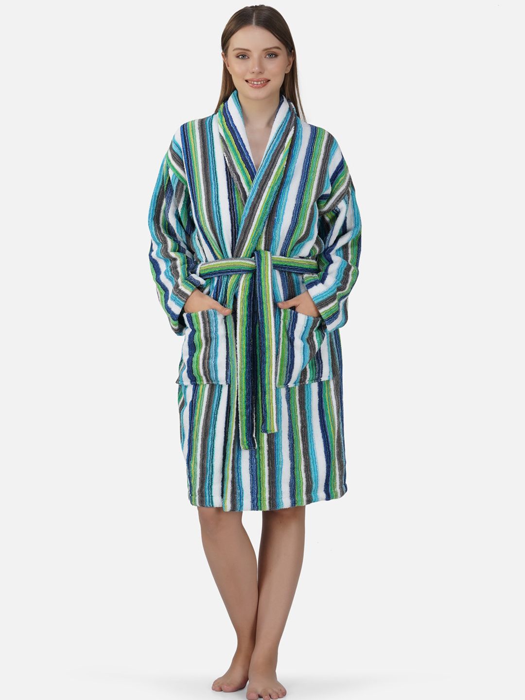 RANGOLI Women Pinstriped Cotton Bath Robe