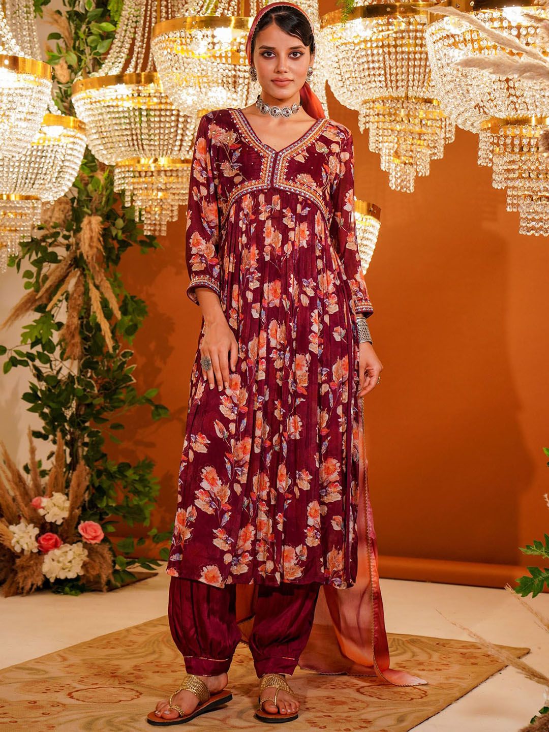 FASHION DWAR Floral Printed Straight High Slit Kurta with Trousers & With Dupatta Price in India