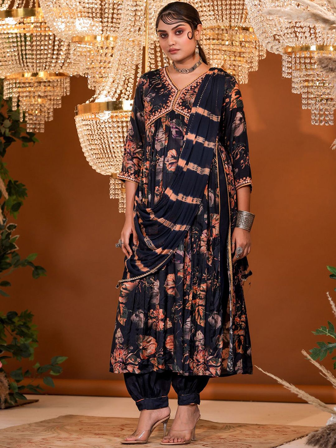 FASHION DWAR Floral Printed Mirror Work Kurta & Trousers With Dupatta Price in India