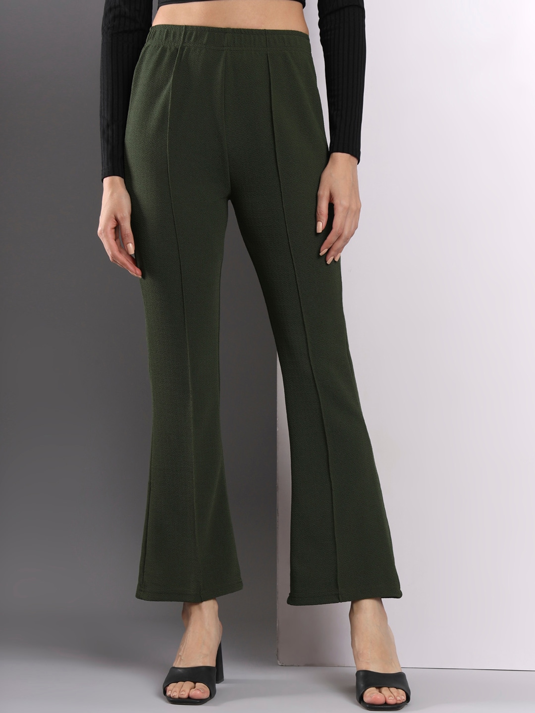 Q-rious Women Mid Rise Plain Bootcut Trousers Price in India
