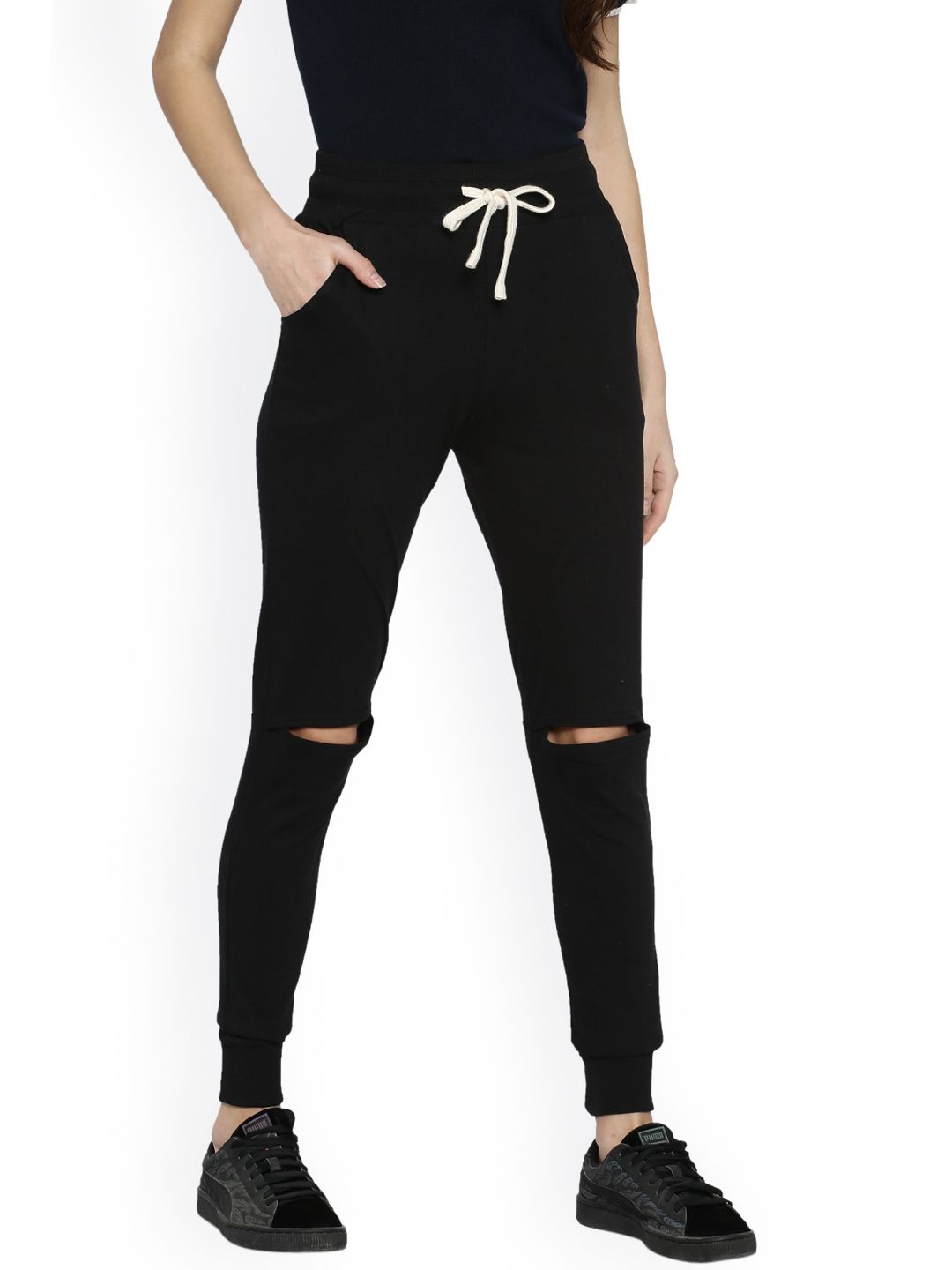 Campus Sutra Black Ripped Joggers Price in India