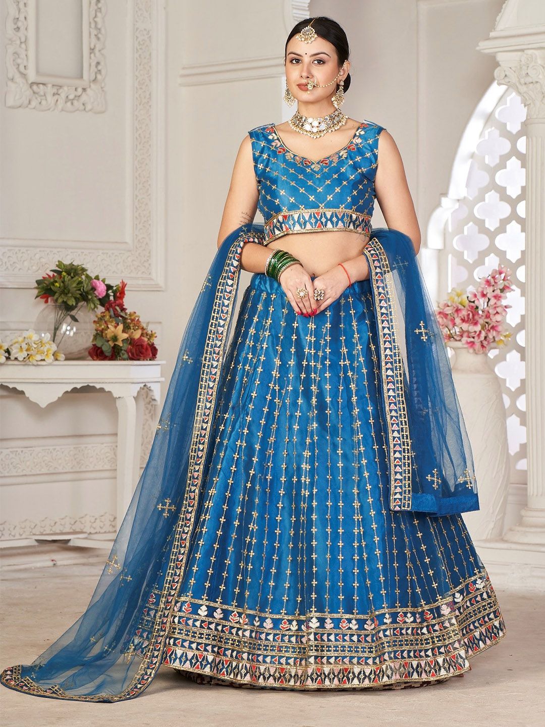 KALINI Embroidered Thread Work Semi-Stitched Lehenga & Unstitched Blouse With Dupatta
