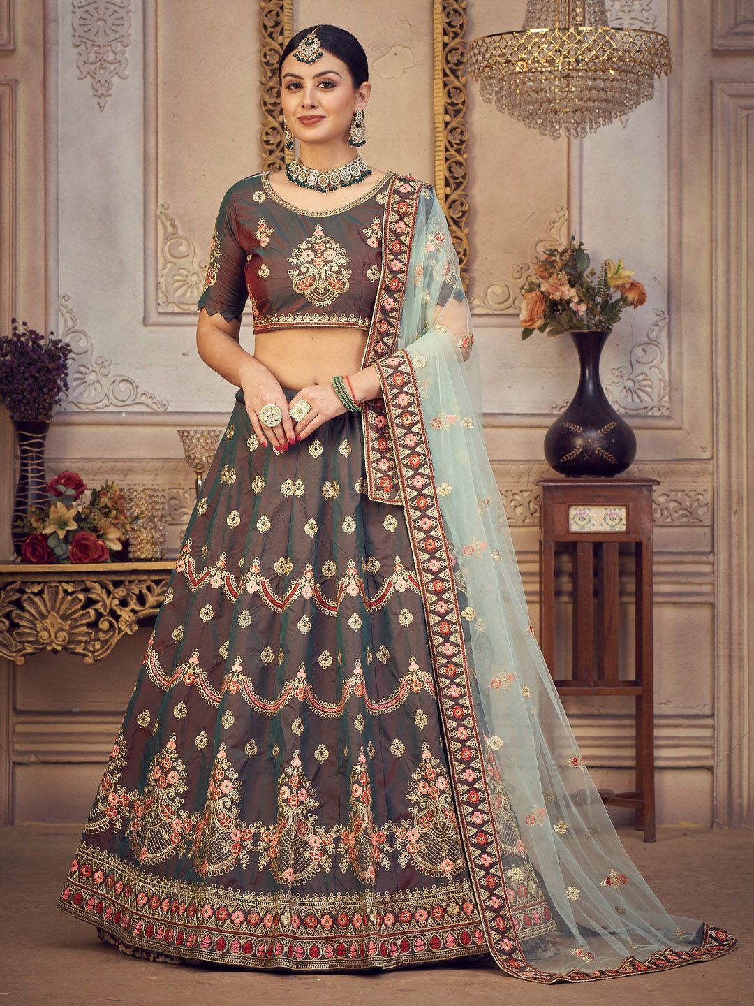 KALINI Embroidered Thread Work Semi-Stitched Lehenga & Unstitched Blouse With Dupatta