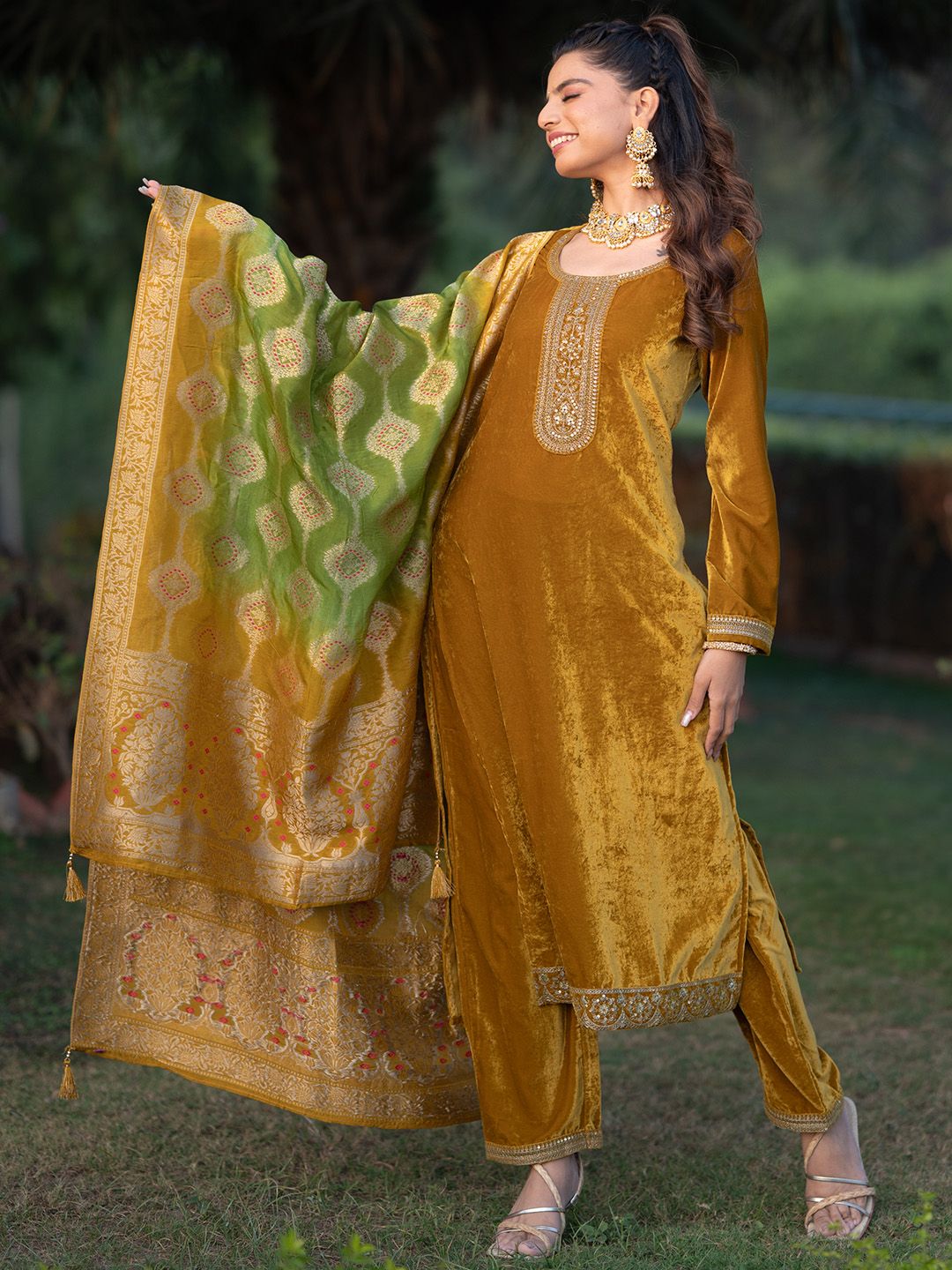 Libas Ethnic Motifs Embroidered Brocade Sequinned Velvet Kurta with Trousers & Dupatta Price in India