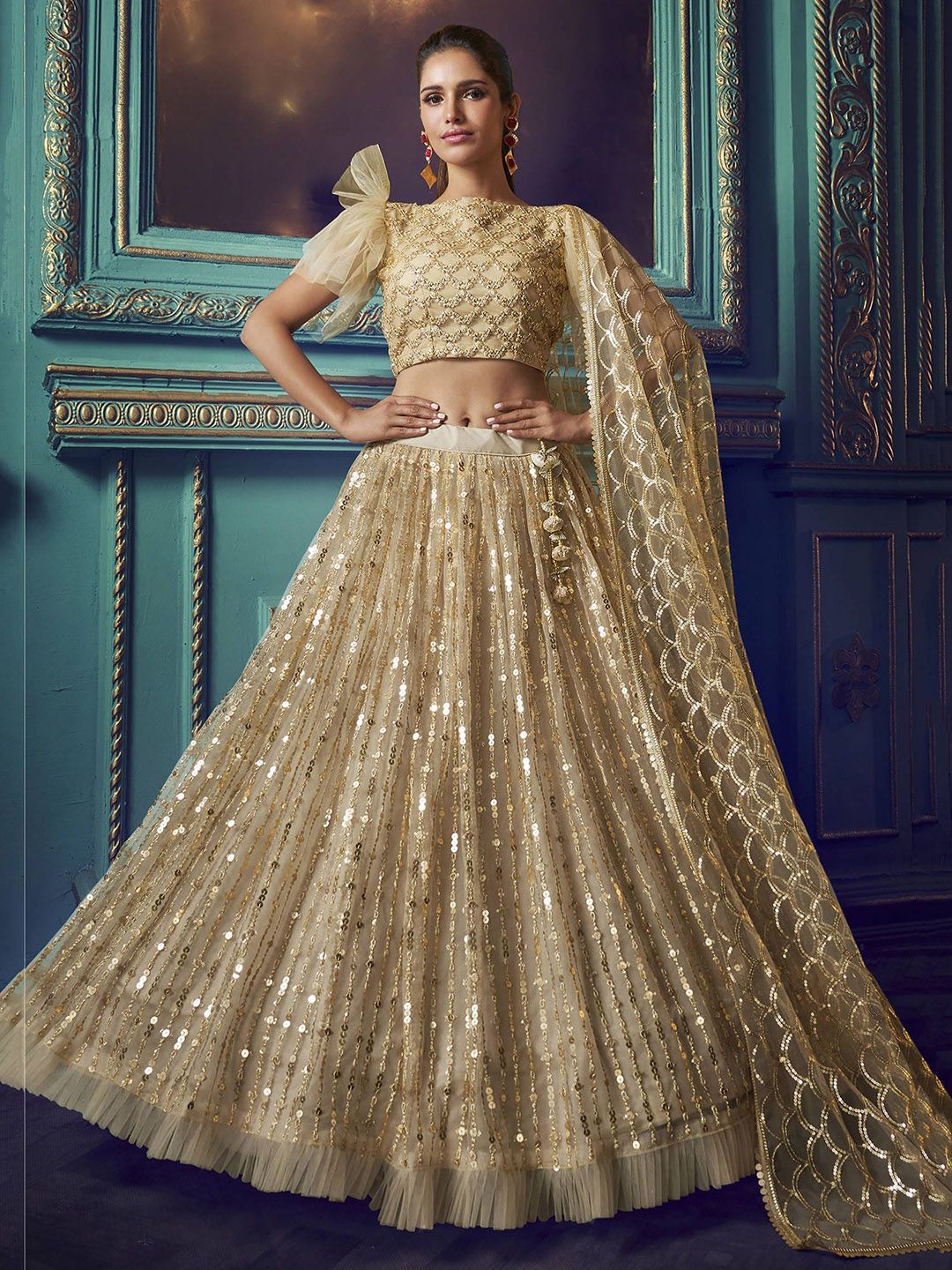 FABPIXEL Beige & Gold-Toned Embroidered Sequinned Semi-Stitched Lehenga & Unstitched Blouse With Dupatta Price in India