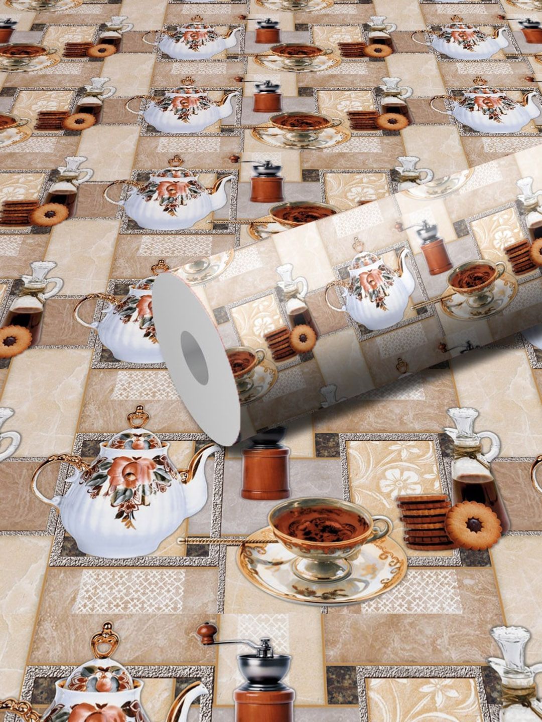 WallDaddy WallDaddy White & Beige Kitchen Tea Designed Self Adhesive Wallpaper