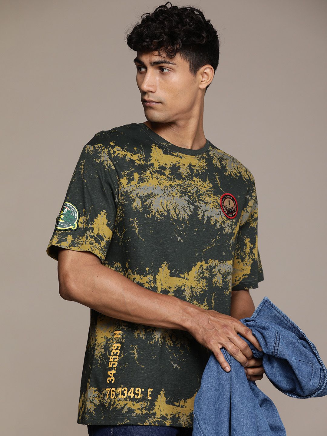 WROGN X Indian Infantry by A47 Printed Drop-Shoulder Cotton Applique Detail T-shirt