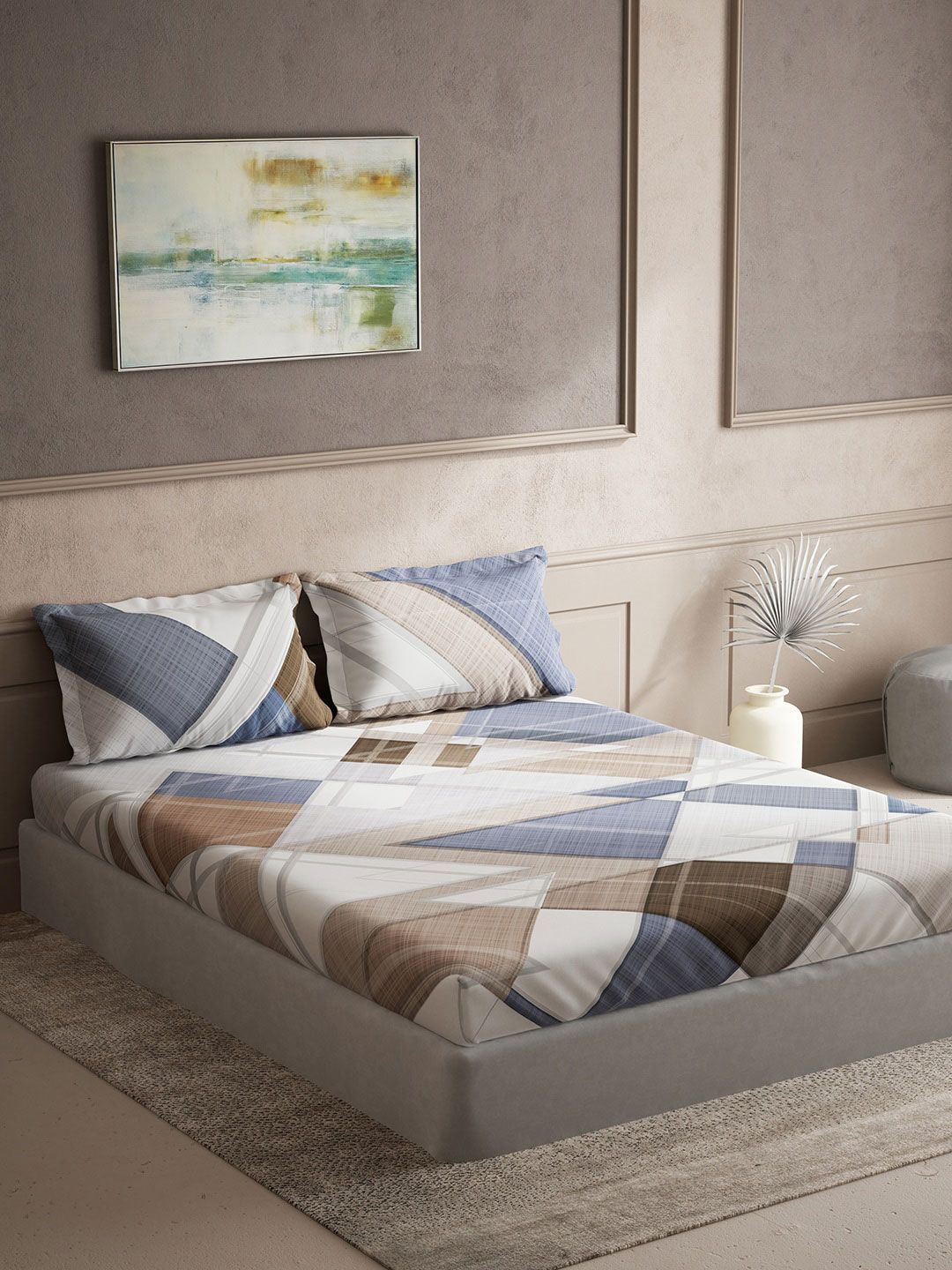 DDecor Live Beautiful Blue Geometric Cotton 140 TC King Bedsheet with 2 Pillow Covers-108 x 108 inches