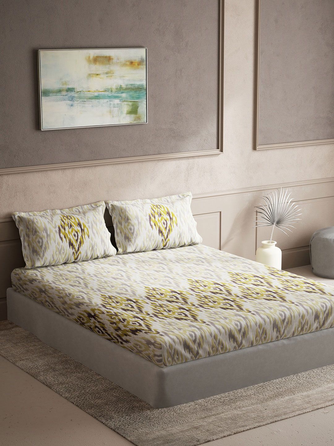 DDecor Live Beautiful White Ethnic Motifs Cotton 140 TC Queen Bedsheet with 2 Pillow Covers-100 x 108 inches