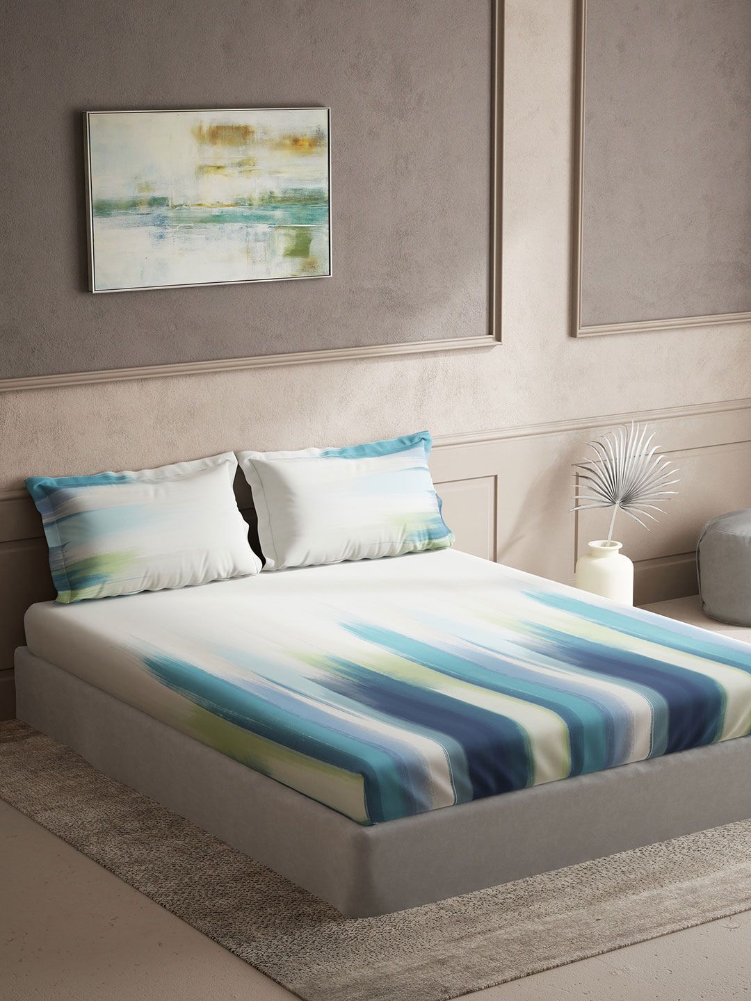 DDecor Blue & White Abstract Cotton 140 TC King Bedsheet With 2 Pillow Covers