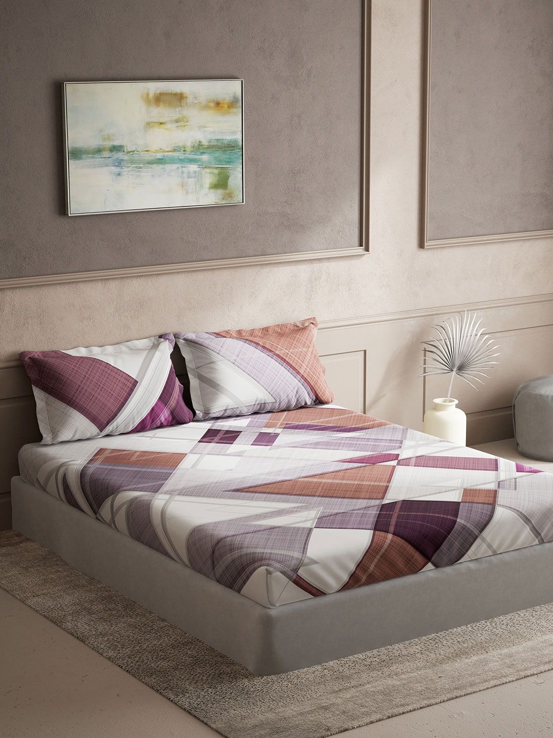 DDecor Live Beautiful White Abstract Cotton 140 TC King Bedsheet with 2 Pillow Covers-108 x 108 inches