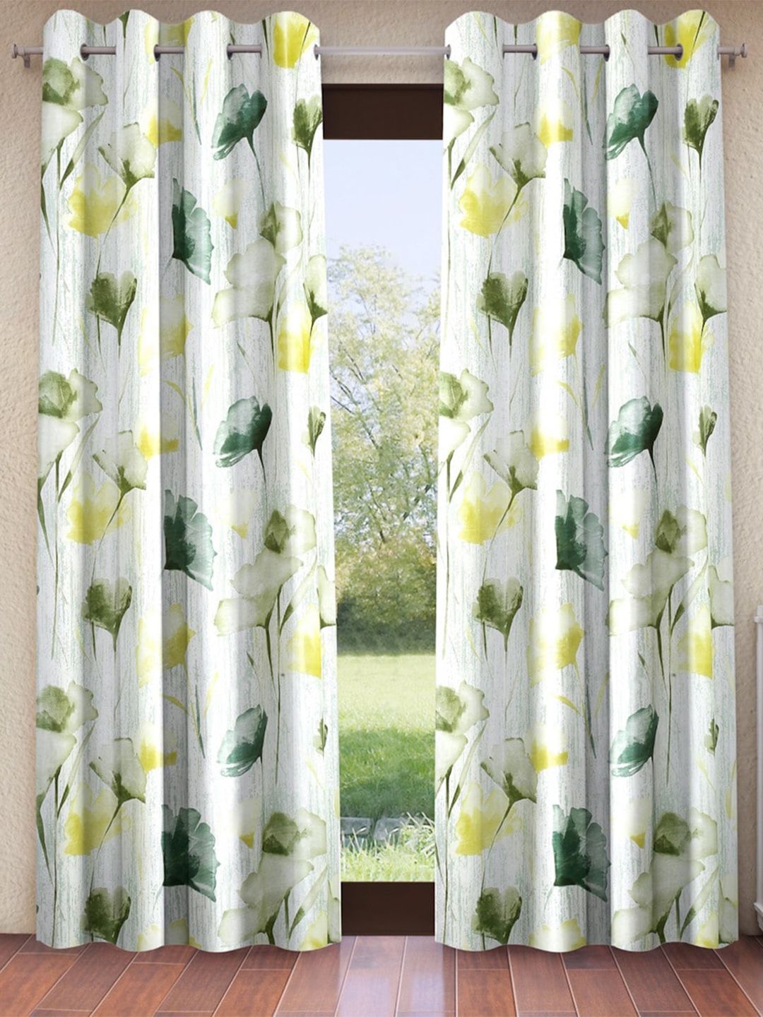 Home Sizzler Green & White 2 Pieces Floral Door Curtains
