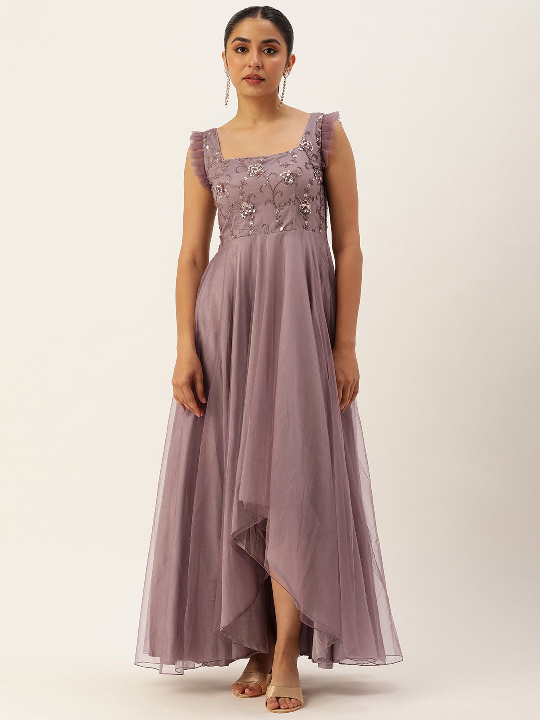 Ethnovog Floral Embellished Sequinned & Ruffled Detail Net Fit & Flare Maxi Dress Price in India