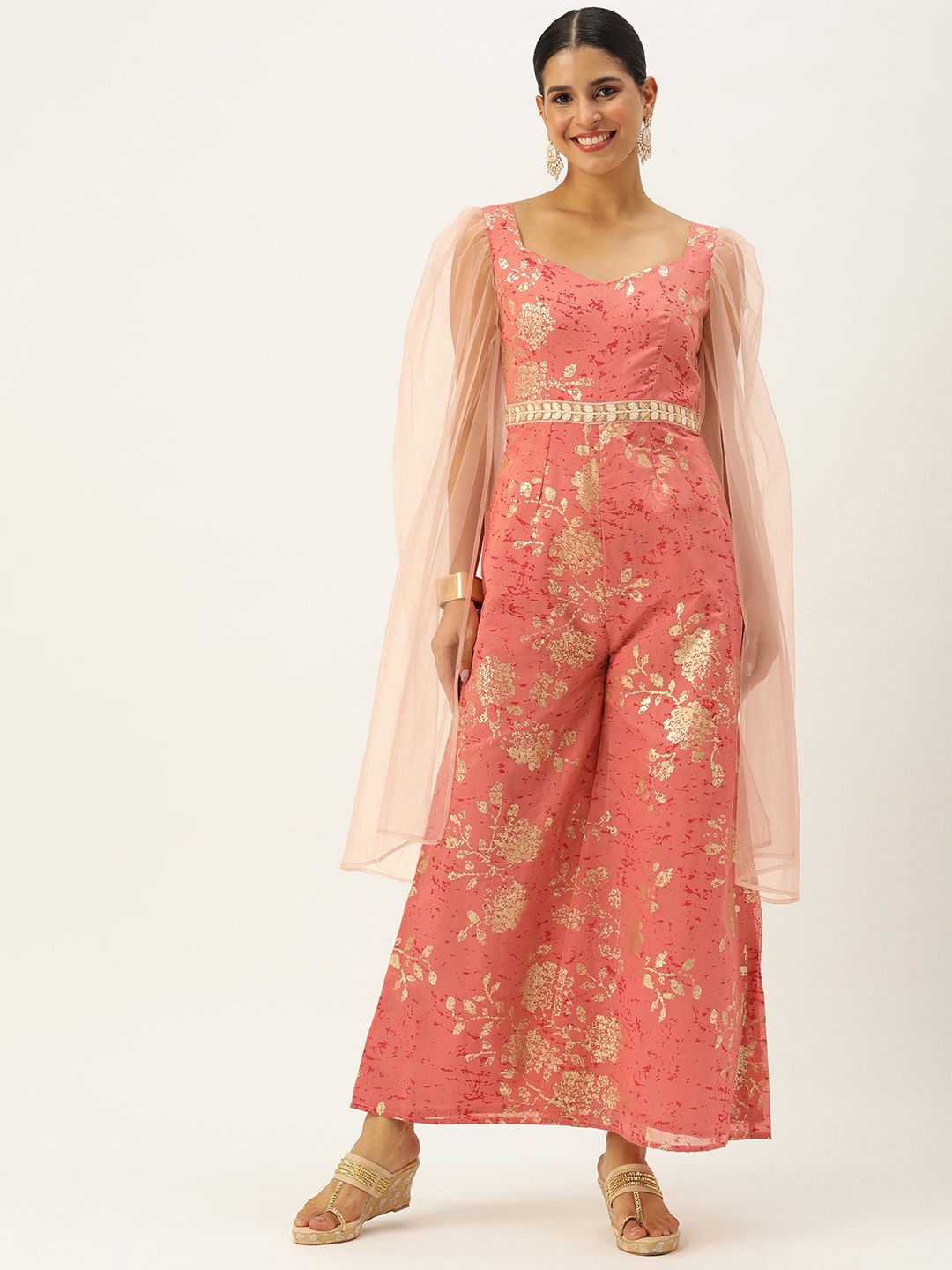 Ethnovog Foil Printed Sweetheart Neck Embellished Culotte Jumpsuit Price in India