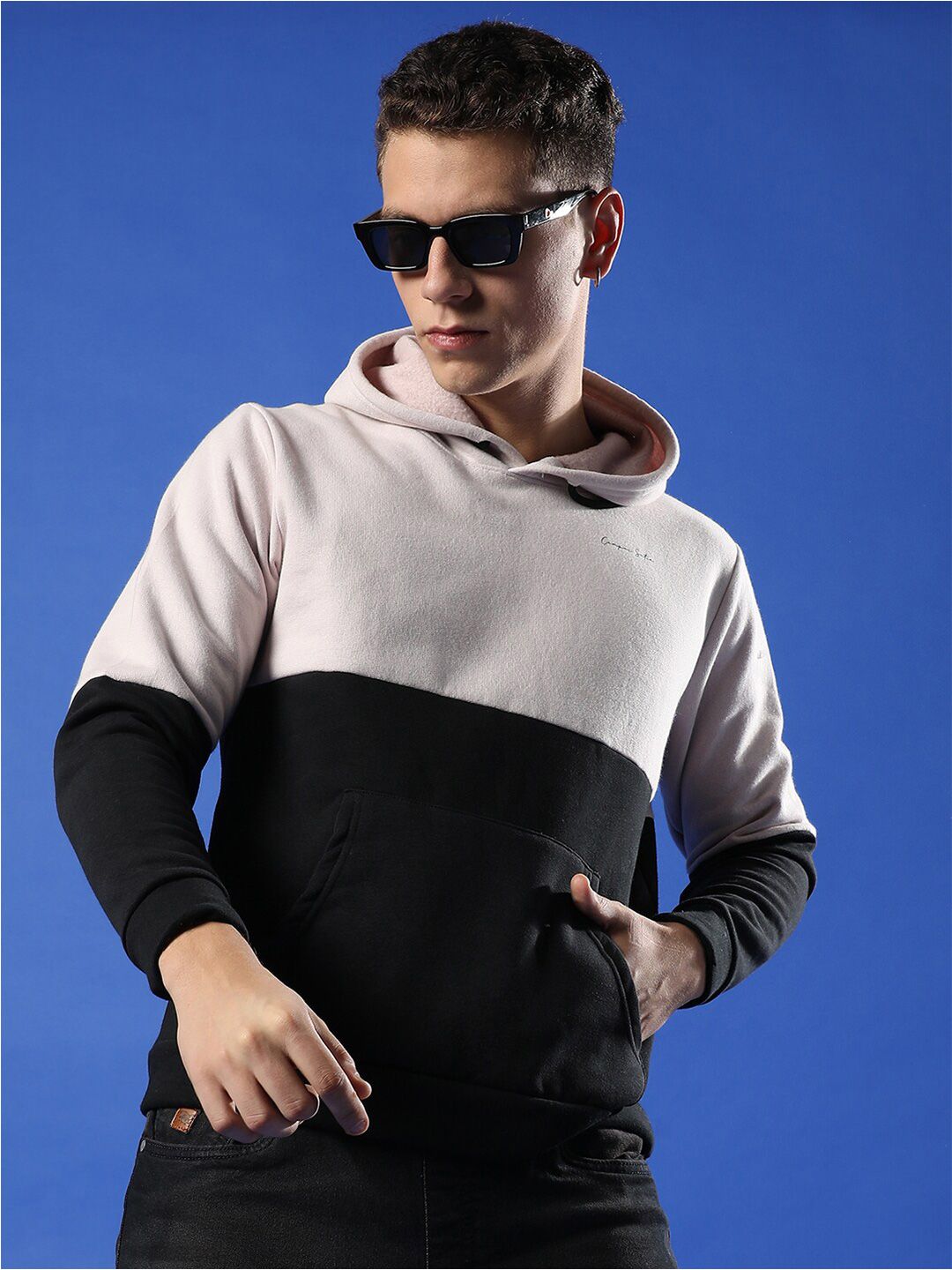 CAHOOT Campus Sutra Grey & Black Colourblocked Hooded Cotton Pullover Sweatshirt