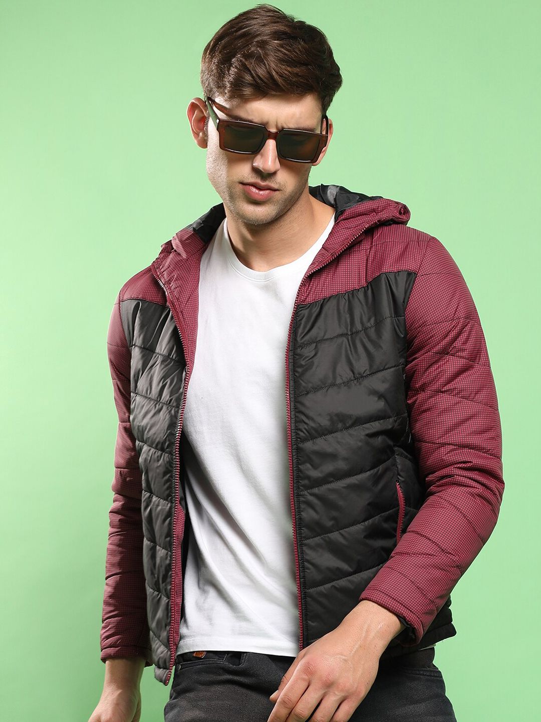 CAHOOT Campus Sutra Maroon & Black Colourblocked Hooded Padded Jacket
