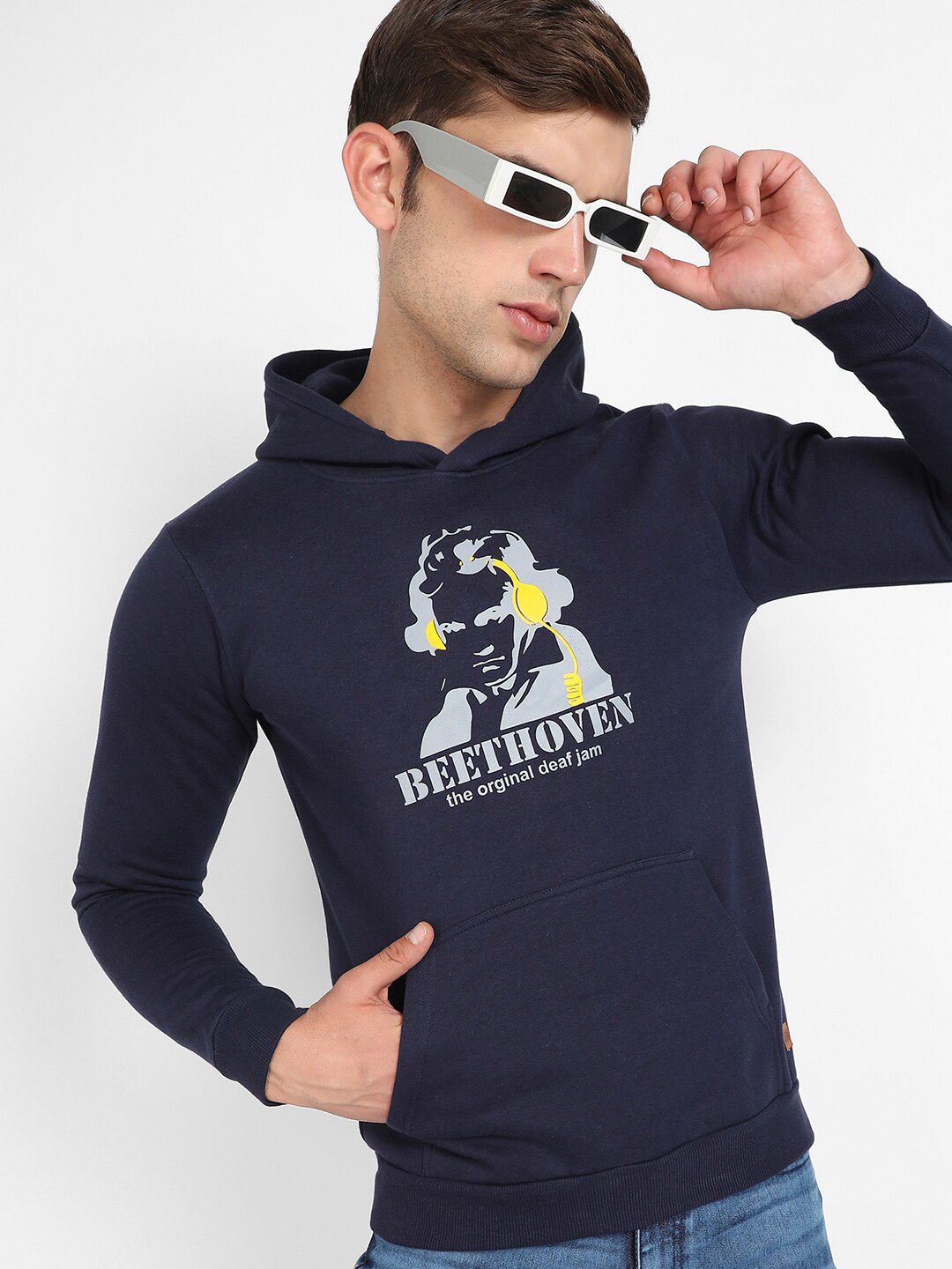 CAHOOT Navy Blue Graphic Printed Hooded Cotton Sweatshirt