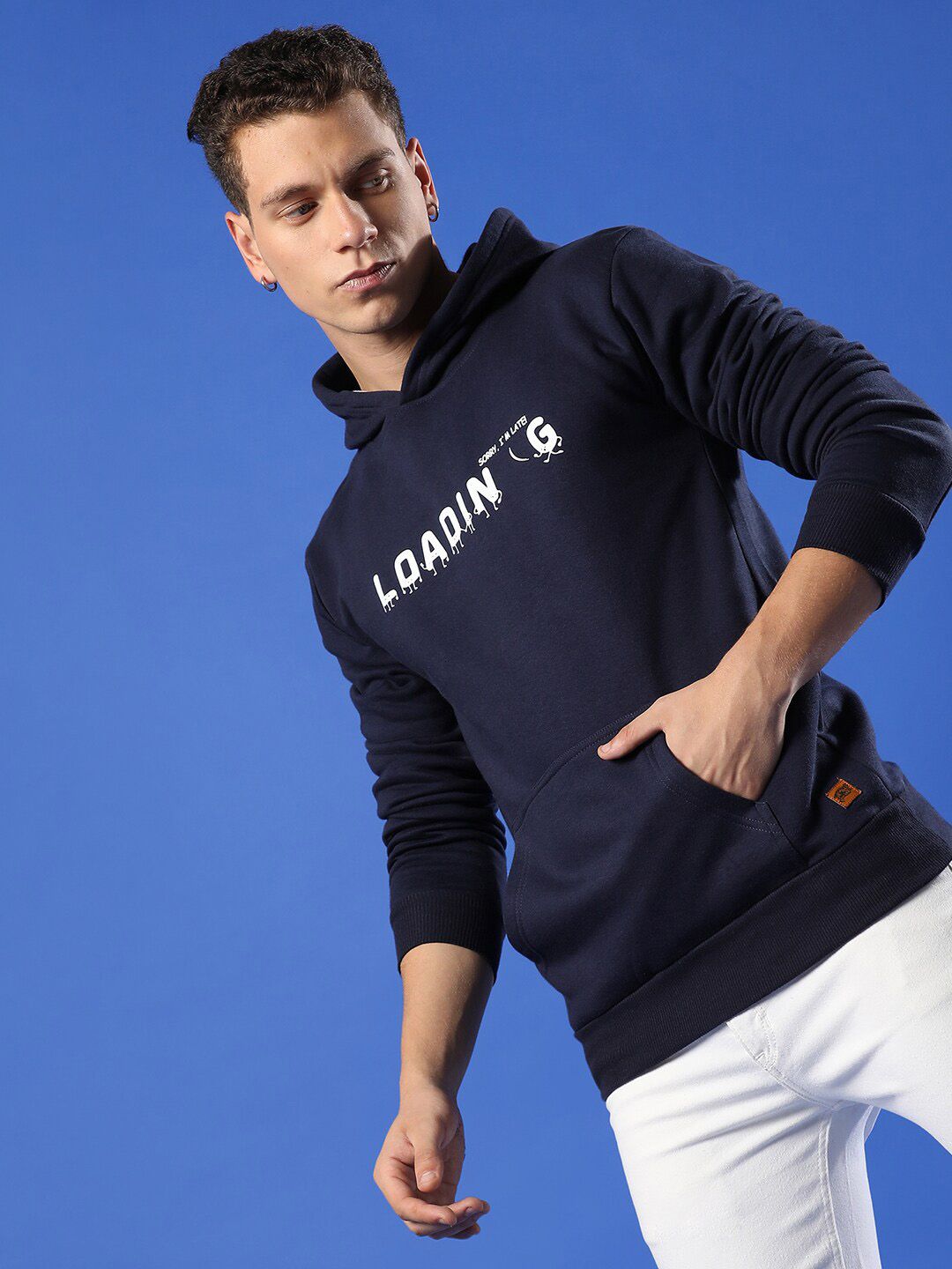 CAHOOT Navy Blue Typography Printed Hooded Cotton Pullover Sweatshirt