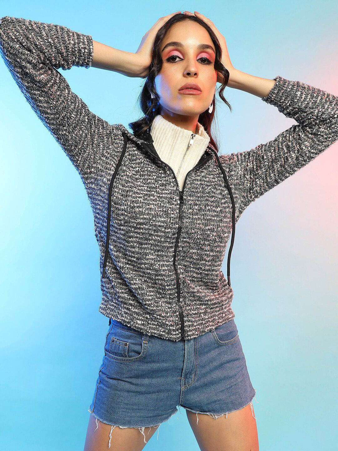 PINACOLADA Charcoal Self Design Hooded Cotton Front-Open Sweatshirt