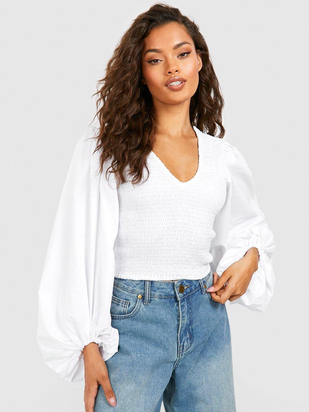 Boohoo High Volume Puff Sleeves Smocked Top Price in India