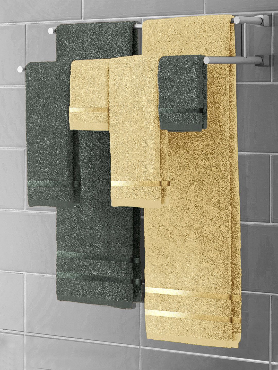 Story@home Set of 6 Beige & Charcoal 450 GSM Bath Towel with Hand Towel & Face Towel Price in India