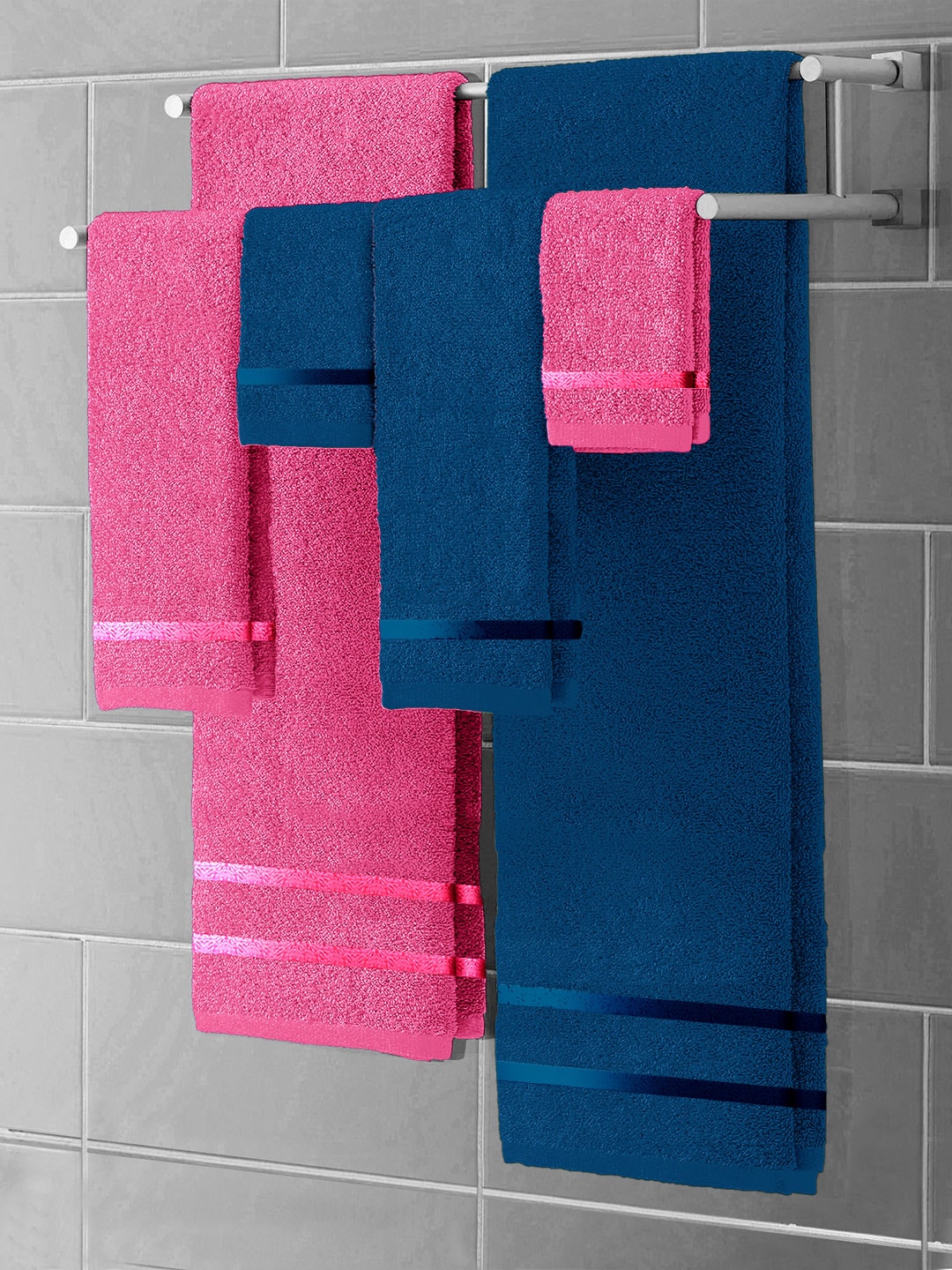 Story@home Navy Blue & Pink 6 Pieces Solid 450 GSM Towel Set Price in India