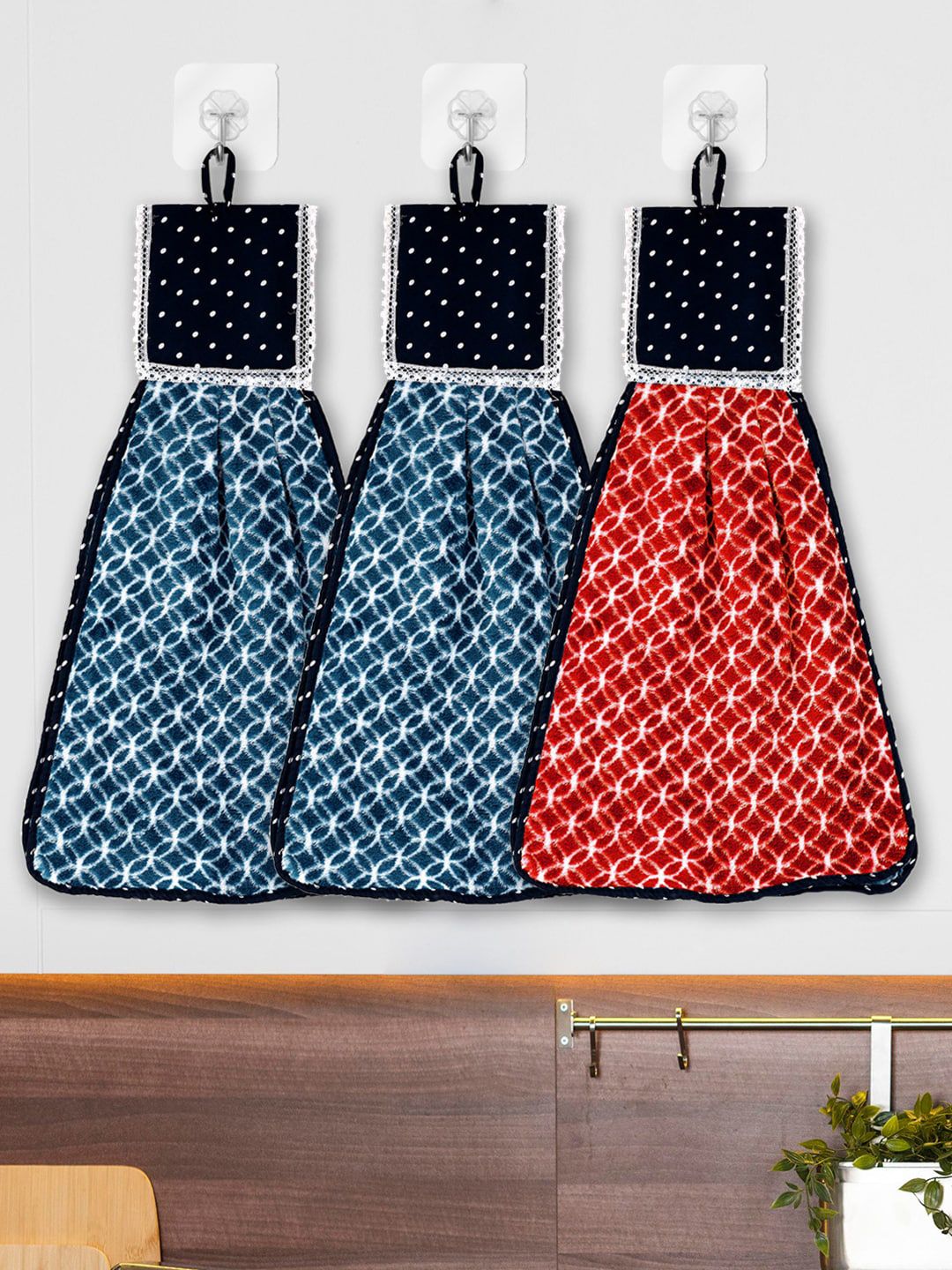 Kuber Industries Blue & Red 3 Pieces Printed Cotton 120 GSM Hanging Kitchen Hand Towel